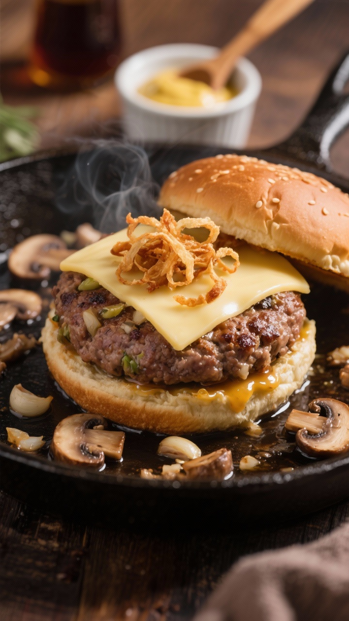 Close-up, shallow depth of field of an umami mushroom Swiss turkey burger on a cast-iron skillet mid-cook: patty blended with finely chopped cremini mushrooms, minced shallot, garlic, Worcestershire sauce, and Dijon; slices of Swiss cheese melting silkily over the patty; glossy pan juices and browned mushroom bits around; a small tangle of crispy fried shallots ready to crown the burger, with a ramekin of Dijon and a wooden spoon of Worcestershire in the background; warm, rich tones emphasizing savory texture and steam.