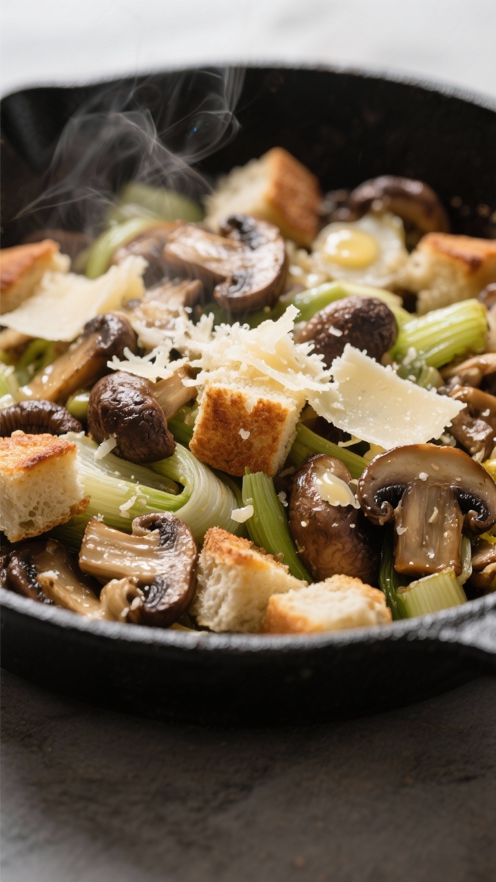 Close-up, shallow depth of field of mushroom and leek stuffing with Parmesan and white wine, highlighting juicy sautéed mixed mushrooms (cremini, shiitake, oyster), silky ribbons of leeks, and toasted cubes of ciabatta/French bread. Micro-grated Parmesan melting over the top, with a few droplets of white wine reduction sheen. Steam rising, butter gloss visible, shot straight-on in a black enamel skillet to emphasize umami-rich browns and greens.