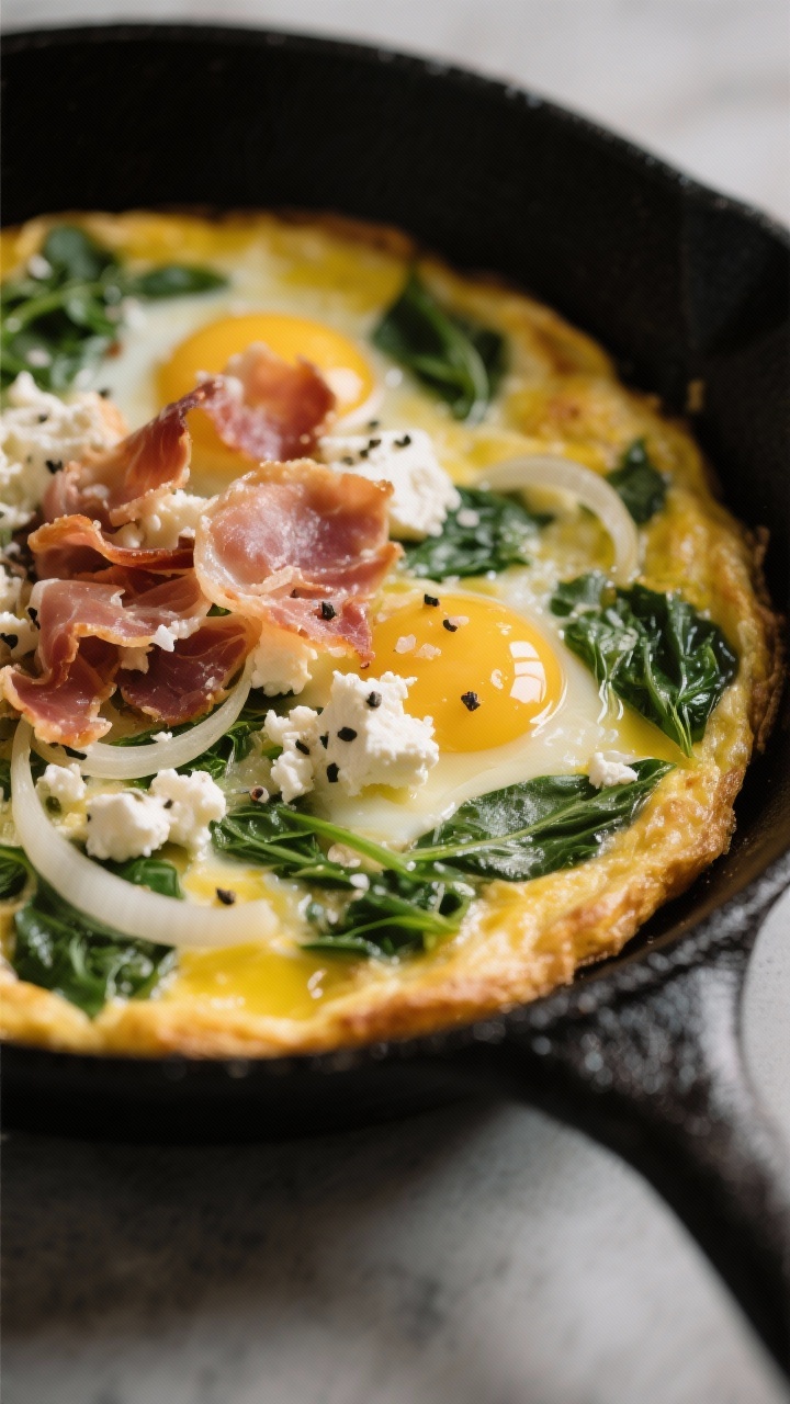 Close-up skillet scene: herby frittata set in a matte black oven-safe skillet, custardy eggs speckled with chopped greens (spinach), thinly sliced shallot threads, creamy crumbles of goat cheese puddling on top, and shards of crispy prosciutto crowning the surface; edges slightly puffed, lightly browned; a drizzle of olive oil sheen; coarse salt and black pepper visible; tight focus on textures with a shallow depth of field, rustic brunch mood.