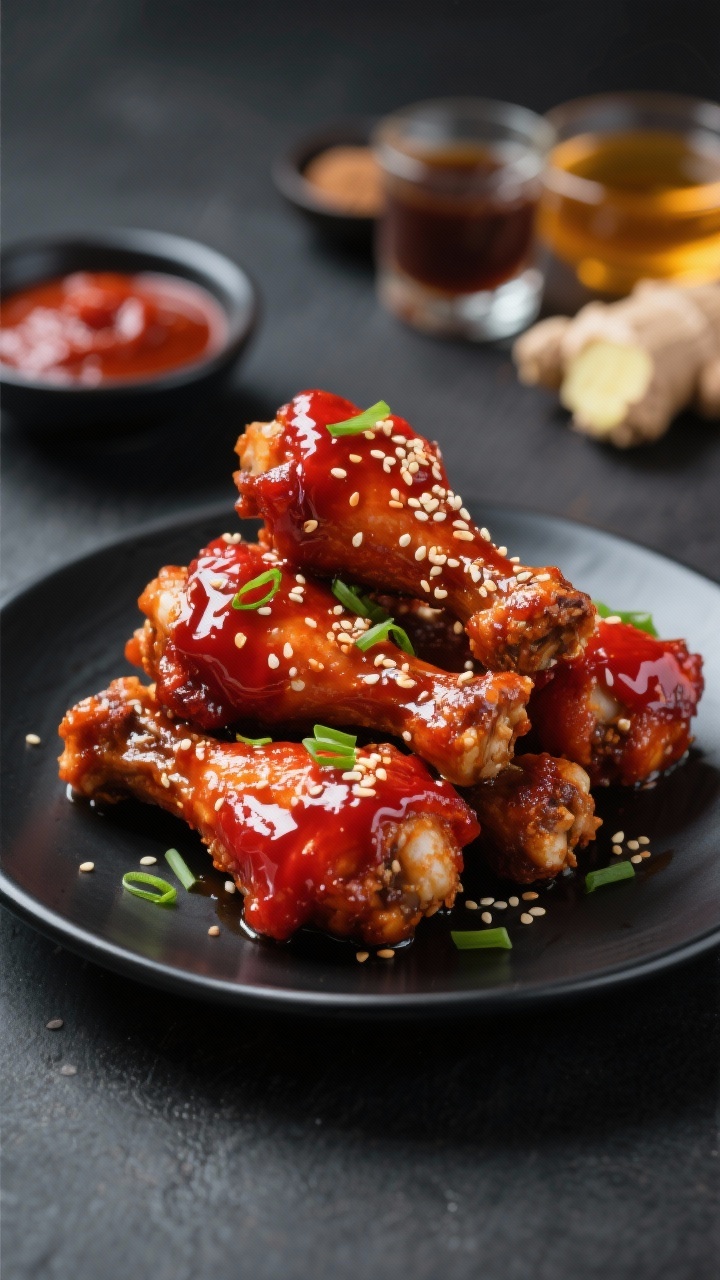 Close-up, straight-on beauty shot of Korean Gochujang-Glazed Drumsticks With Sesame Crunch: drumsticks stacked on a matte black plate, glossy deep-red gochujang glaze with visible brush strokes, sprinkled with toasted sesame seeds and fine scallion threads. Ingredients hinted in background blur: a small dish of gochujang, soy sauce, brown sugar, rice vinegar, sesame oil, honey, and freshly grated ginger. High contrast lighting to make the glaze pop, modern Korean street-food vibe.