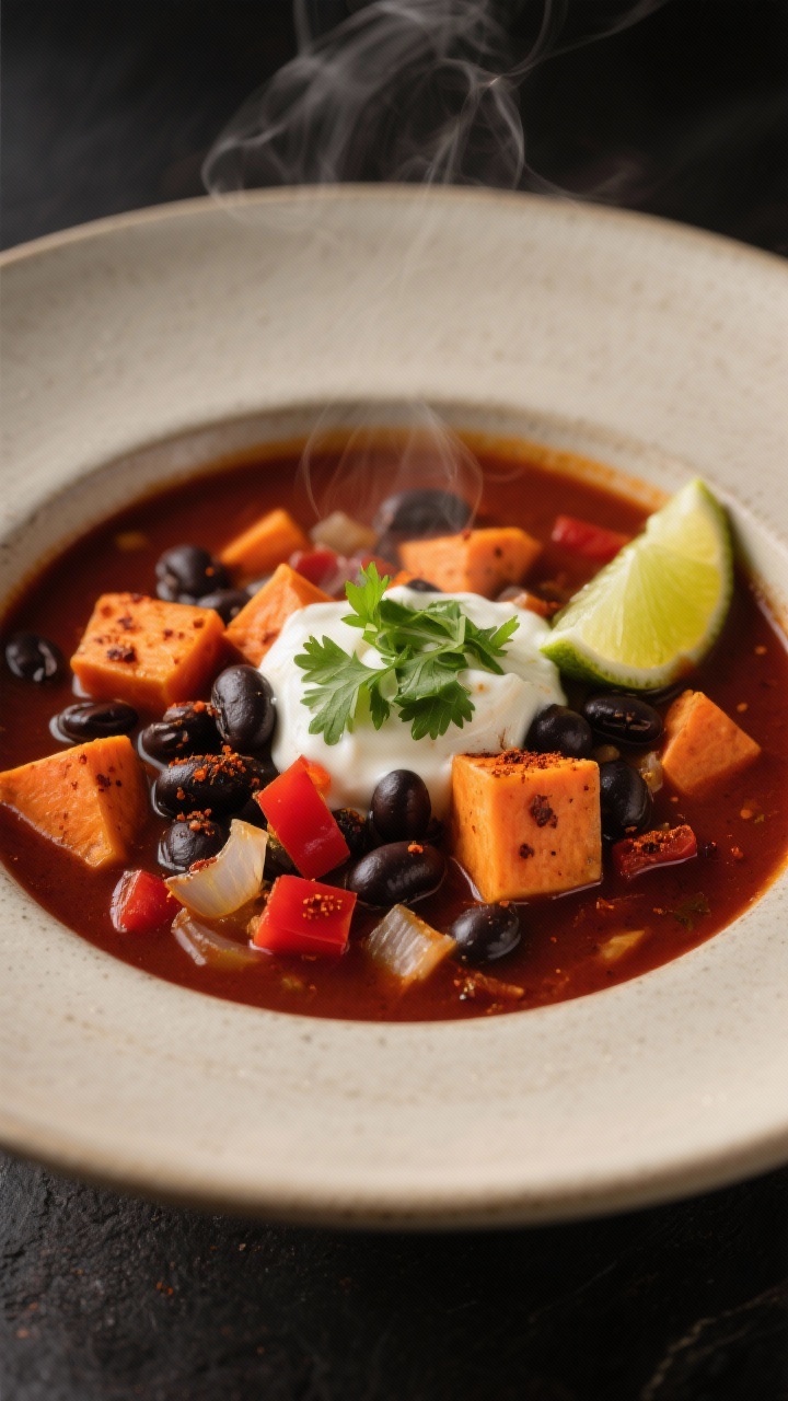 Close-up, straight-on bowl shot of smoky chipotle sweet potato and black bean soup: chunky cubes of orange sweet potato, glossy black beans, diced red bell pepper, translucent onion, all in a deep brick-red, cumin- and smoked paprika-laced broth; a dollop of crema, sprinkle of chopped cilantro, and a lime wedge on the rim; visible flecks of chipotle smokiness, with gentle steam for appetizing warmth; neutral ceramic bowl on dark matte background for contrast.