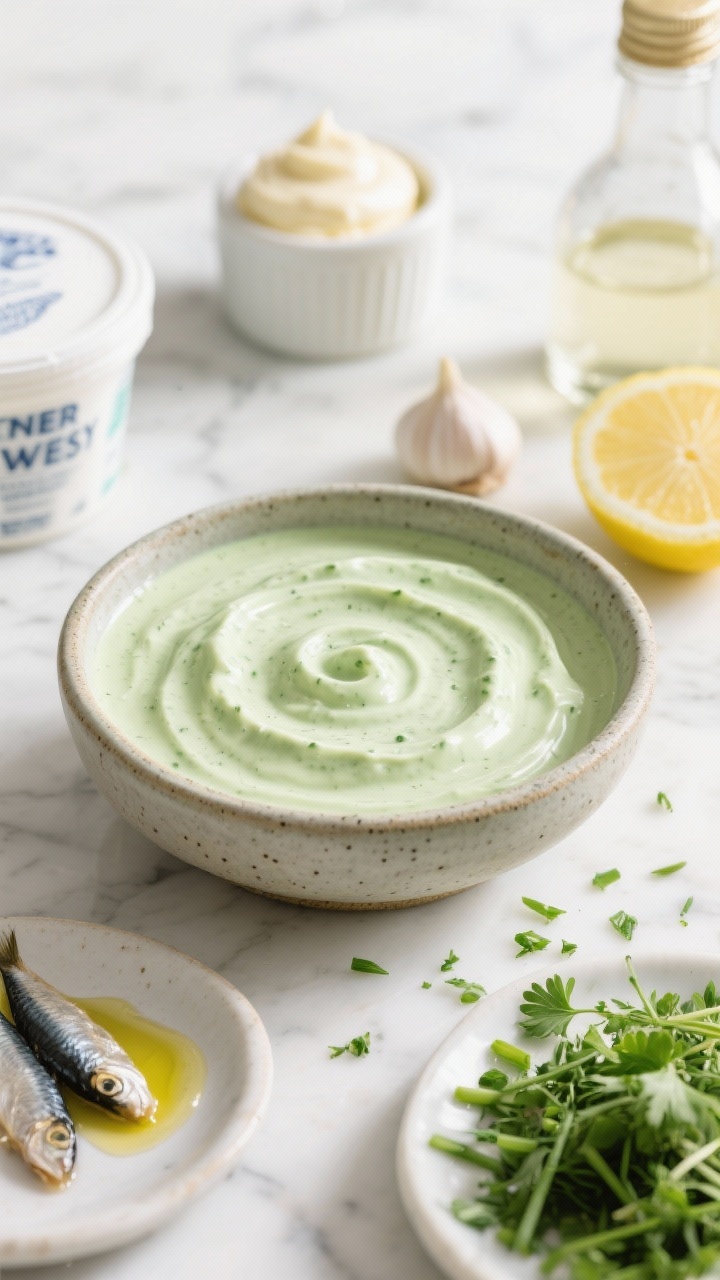 Close-up, straight-on portrait of Zesty Green Goddess with herbs and yogurt: ultra-creamy pale green dressing in a small stoneware bowl, swirls showing its thick texture; ingredients visible around it—Greek yogurt tub, a dollop of mayonnaise, lemon wedge, white wine vinegar bottle, a clove of garlic, two anchovy fillets on a saucer, and a lush pile of fresh herbs (parsley, chives, tarragon) partly chopped; garnish the surface with a drizzle of olive oil and a sprinkle of chopped herbs; bright, fresh daylight and a white marble backdrop for a clean, verdant vibe.