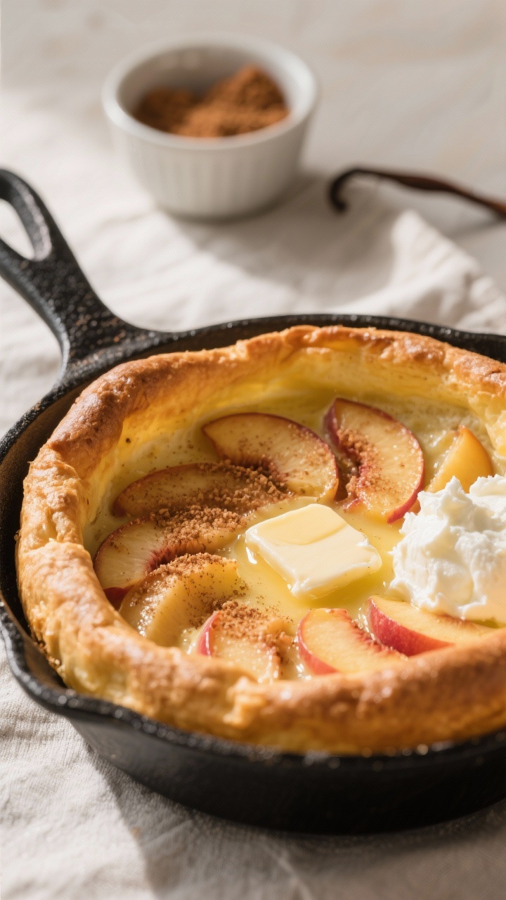 Close-up straight-on shot of a peach ricotta Dutch baby just out of the oven: tall puffed, golden edges with a slightly custardy center, layered with thin peach slices and a generous cinnamon sugar sparkle. A pat of melting unsalted butter pooling in the center, with a dollop of ricotta off to the side. Vanilla and warm spice notes implied by a small bowl of cinnamon sugar in the background. Served in a black oven-safe skillet on a linen, morning light, shallow depth of field to highlight textures.