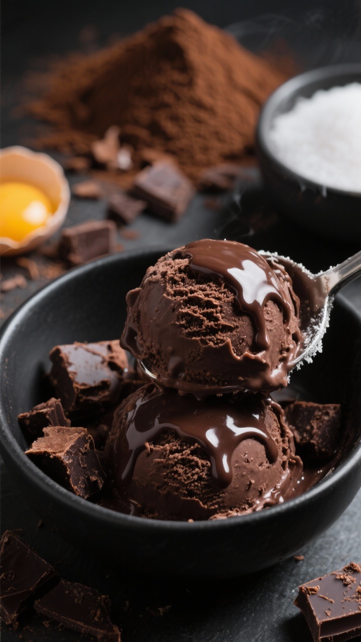 Close-up, straight-on shot of Double-Chocolate Fudge Brownie ice cream being scooped: ultra-dark Dutch-process cocoa ice cream with glossy puddles of melted dark chocolate and dense, fudgy brownie bits embedded; steam-less but with a subtle chilled frost on the scoop; ingredients staged blurred in the back—cocoa powder mound, chopped 60–70% dark chocolate, egg yolks, sugar; dramatic side lighting to emphasize deep chocolate tones and velvety texture; served in a matte black bowl to heighten decadence.