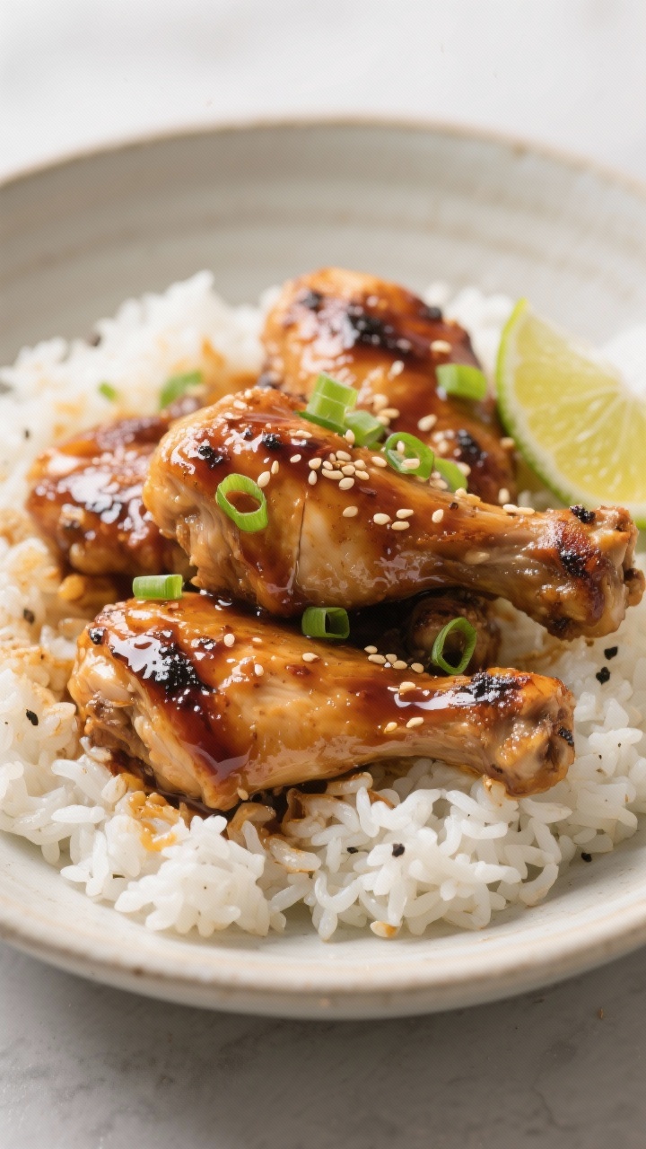 Close-up, straight-on shot of ginger-miso glazed chicken thighs served over fluffy coconut rice: lacquered thighs shimmering with a sticky glaze made from white miso, soy sauce, honey, and ginger, lightly charred edges and sesame-like sheen. Piled on coconut rice with visible coconut fluff and subtle steam, garnished with thin scallions and lime wedge. Neutral oil highlights, kosher salt and black pepper balance. Clean ceramic bowl, minimalist Japanese-inspired styling, soft light emphasizing glaze texture.
