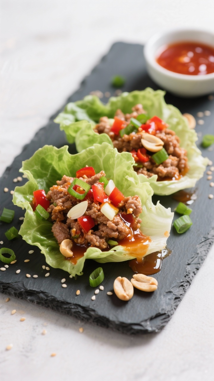 Close-up, straight-on shot of Sweet Chili Turkey Lettuce Wraps: butter lettuce cups piled with glossy 93% lean ground turkey glazed in sweet chili sauce, dotted with finely diced red bell pepper, minced garlic, and tender whites of sliced green onions; topped with crunchy roasted peanuts and fresh green onion tops. Drips of sauce bead on the lettuce edges, sesame seeds scattered on a slate board, small bowl of extra sweet chili sauce in frame. Clean, bright, fresh Asian-inspired mood.