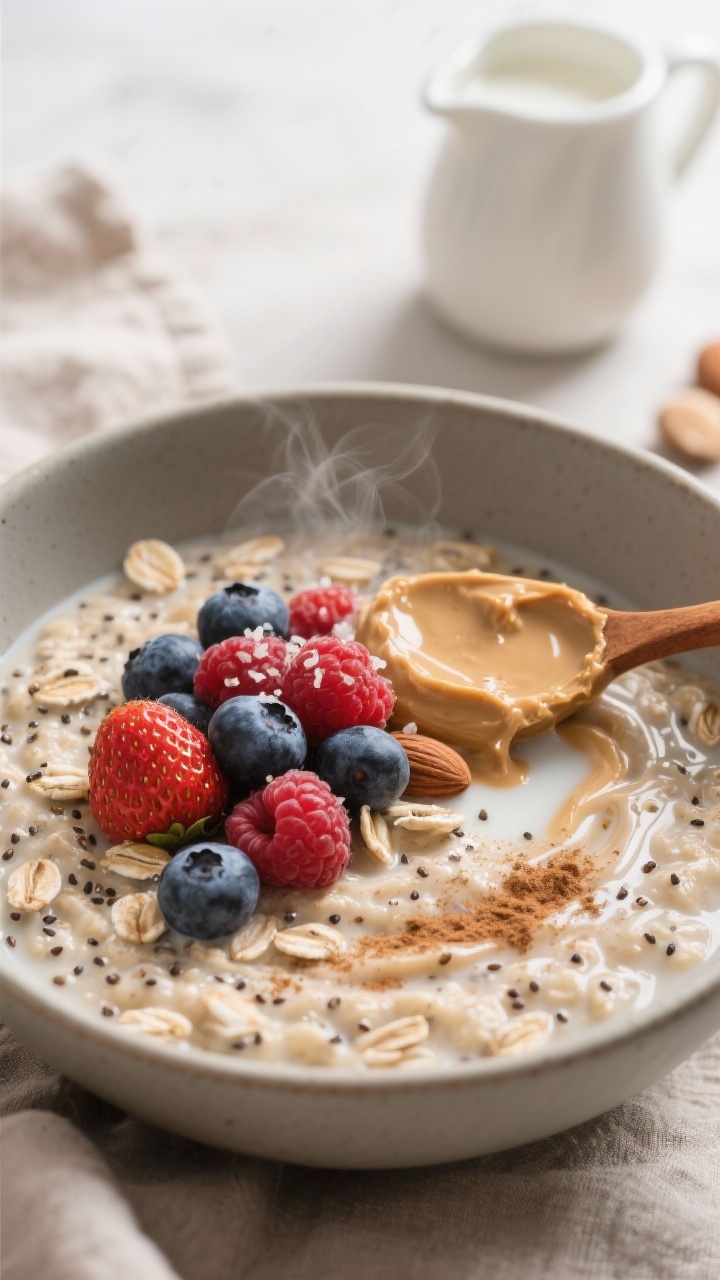 Cozy close-up bowl shot: Warm cinnamon chia oats swirled with unsweetened almond milk in a matte ceramic bowl, steam visible. Rolled oats thickened with chia seeds, speckled with ground cinnamon and a hint of vanilla, finished with a pinch of sea salt for balance. A generous spoonful of creamy almond butter melting into the surface, topped with a heap of mixed berries (blueberries, raspberries, strawberries) that pop against the beige oats. Soft morning light, neutral linen, and a small pitcher of almond milk in the background; focus on creamy texture, cinnamon flecks, and glossy berries.