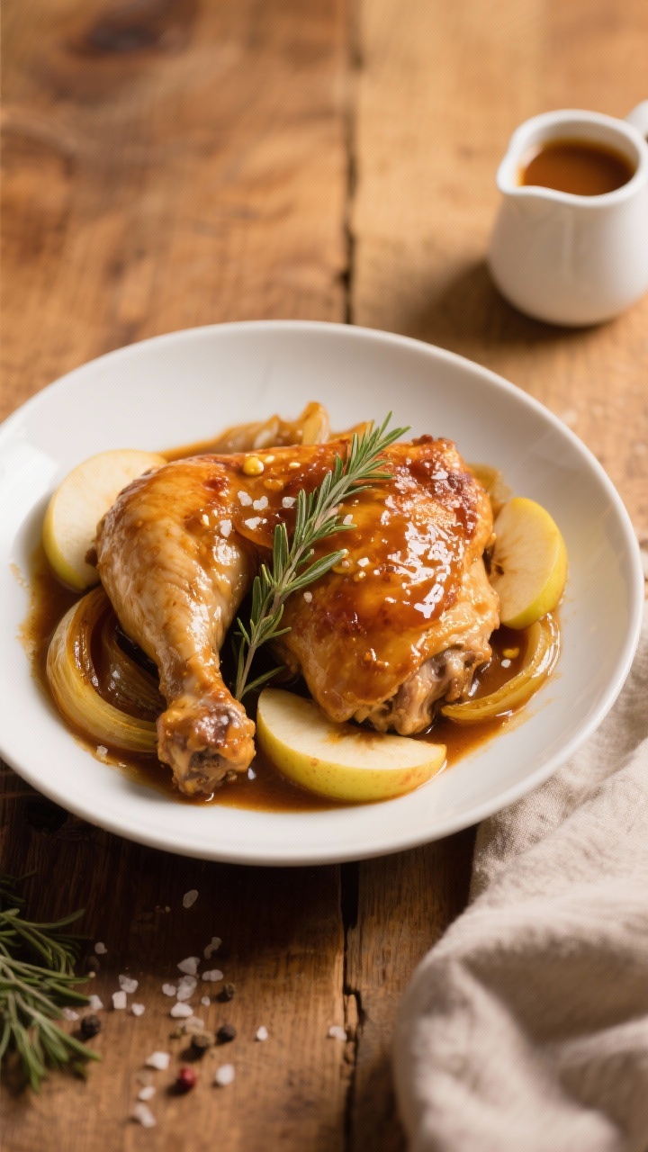 Cozy plated braise, overhead: bone-in, skin-on chicken thighs braised until the skin is burnished and the sauce glossy with maple and Dijon mustard; nestled with tender caramelized yellow onion slices and softened wedges of firm apples (Honeycrisp or Fuji); a few thyme leaves sprinkled on top, coarse kosher salt and cracked pepper visible; shallow white bowl on a warm wood table, a small pitcher of extra maple-mustard sauce to the side; soft, diffused light to highlight amber tones of apples and lacquered chicken skin.