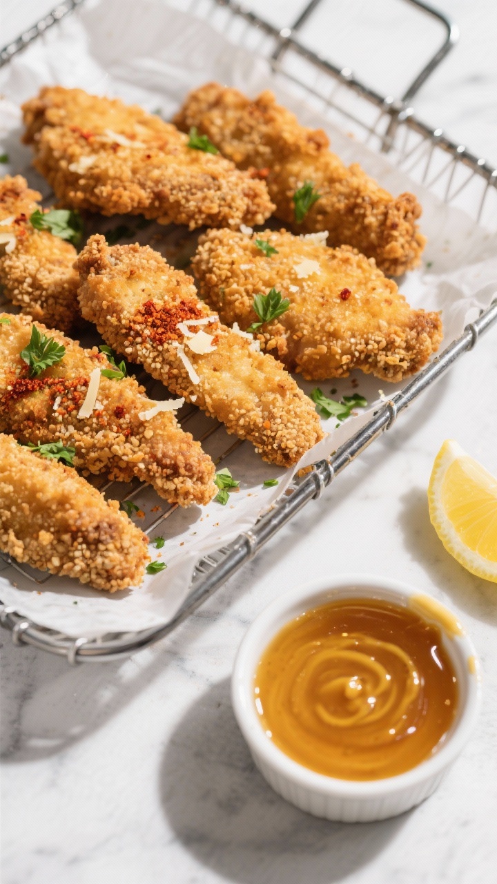 Crisp overhead air fryer tenders: golden-brown chicken tenders coated in a mix of whole-wheat breadcrumbs, panko, grated Parmesan, paprika, garlic powder, and onion powder, arranged on an air fryer basket liner; a small ramekin of glossy honey-mustard drizzle nearby, with a drizzle trail across a few tenders; sprinkled with chopped parsley, lemon wedge off to the side; ultra-crunchy texture emphasized with hard side light, clean modern kitchen surface, no people.