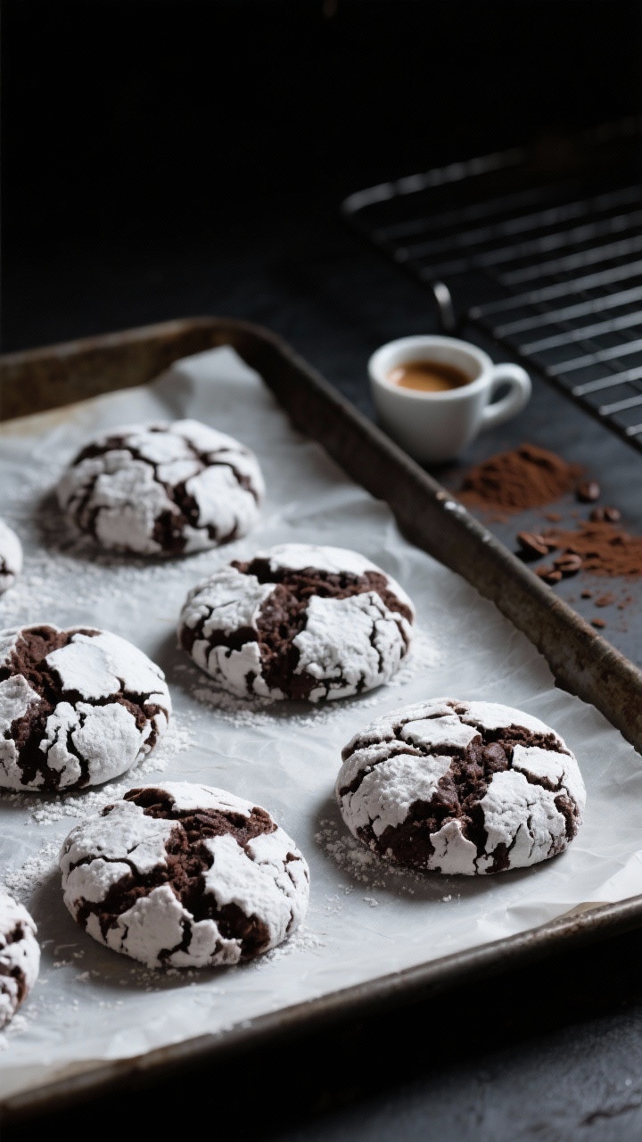 Dramatic 45-degree angle of double chocolate espresso crinkle cookies on a parchment-lined baking sheet, deep cocoa interiors with pronounced crinkles dusted in powdered sugar; include a tiny espresso cup and scattered espresso grounds/cocoa powder nearby; show a cooling rack partially in frame; moody dark backdrop, side lighting to emphasize the cracked surface and contrast between the white sugar and dark chocolate cookie.