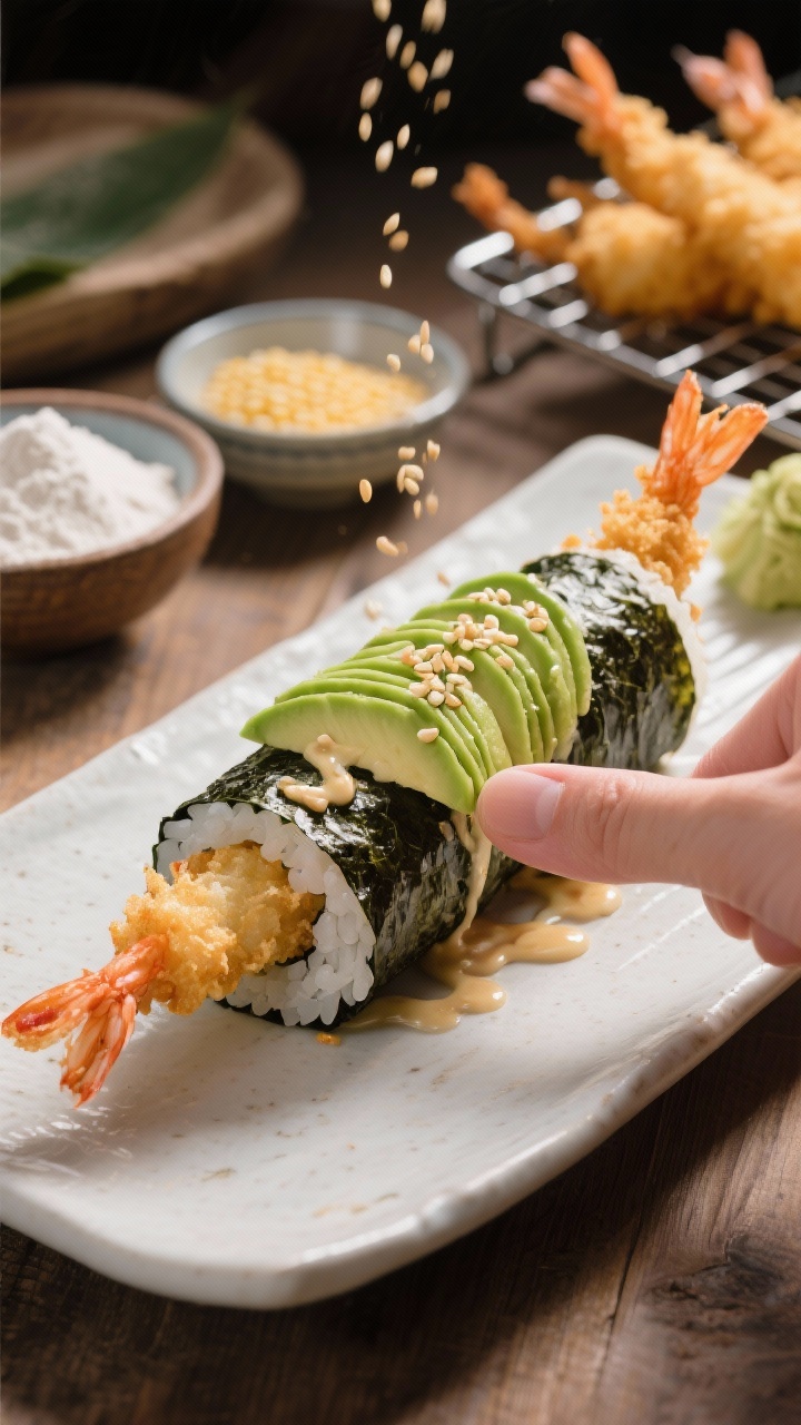 Dynamic 45-degree action shot of a Tempura Shrimp Dragon Roll being finished: crispy tempura shrimp tails peeking from the ends of a dragon roll wrapped in nori and seasoned sushi rice, avocado slices fanned over the top like scales; light drizzle of sauce and sprinkle of sesame seeds; in the background, bowls of flour, cornstarch, and baking powder hint at the batter, with a cooling rack holding just-fried shrimp; warm, appetizing light accentuating crunch and creaminess.
