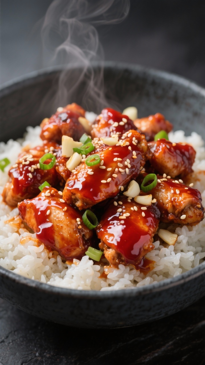 Dynamic close-up, straight-on shot of honey-gochujang sticky chicken piled over fluffy sesame rice: bite-size chicken thigh pieces lacquered in a deep red, glossy gochujang-honey glaze with caramelized edges; a scatter of toasted sesame seeds and finely sliced scallions; hints of minced garlic and ginger visible in the sauce cling; served in a matte charcoal bowl with a sheen of steam, vibrant, sweet-spicy Korean-inspired mood.