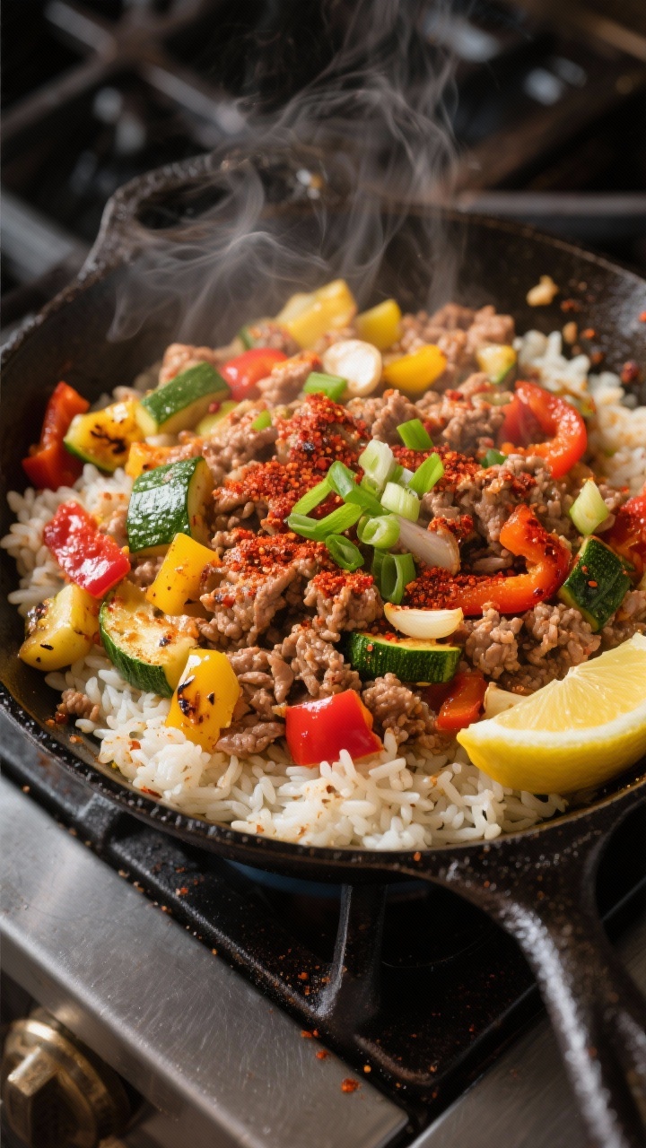 Dynamic stovetop process shot, 45-degree angle, of Cajun Turkey and Veggie Rice Skillet: 90–93% lean ground turkey sizzling with diced yellow onion, green and red bell peppers, zucchini, and minced garlic, all dusted with deep red Cajun seasoning in a wide cast-iron skillet. Fluffy rice folded through, steam rising, charred edges on peppers, glossy sheen from olive oil. Garnish with sliced green onions and lemon wedge off to the side; bold, colorful, weeknight comfort energy.