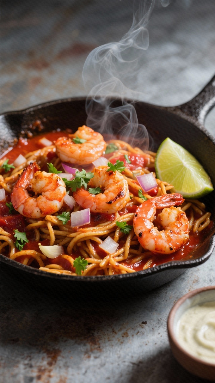 Dynamic straight-on skillet action shot of smoky chipotle shrimp fideos: short toasted fideo noodles in a brick-red chipotle-tomato sauce, plump pink shrimp nestled throughout, with diced onion and minced garlic visible. Steam curls above, a lime wedge and a small bowl of lime crema on the side, hinting acidity. Garnish with chopped cilantro for freshness. Cast-iron pan on a rustic metal surface, directional light highlighting the glossy sauce, smoky ambiance, and char-kissed edges of shrimp.