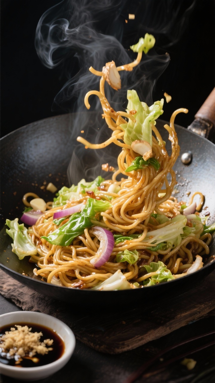 Dynamic wok-side action shot at a 45-degree angle of ginger-garlic cabbage stir-fry noodles: glossy noodles (lo mein or spaghetti) tossed with shredded green or napa cabbage, thinly sliced onion, minced garlic, and grated fresh ginger in a dark carbon-steel wok. Strands mid-toss, sheen from neutral oil, wisps of steam, slight caramelization on onions. A small dish of soy sauce and grated ginger nearby. High-contrast, fast shutter feel to capture motion; focus on tangle of noodles and vibrant cabbage.