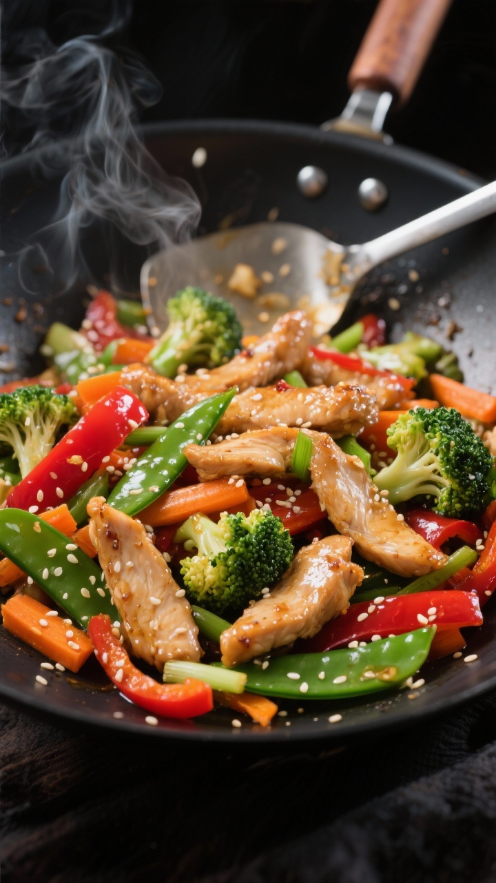 Dynamic wok stir-fry close-up: glossy ginger-garlic chicken strips (lightly coated in cornstarch, soy/tamari, rice vinegar) tossed in a sizzling wok with a rainbow of veggies—bright broccoli florets, red bell pepper, carrot matchsticks, snap peas, and scallions; sesame seeds scattered; neutral oil sheen, lively motion blur of a spatula, high heat shine, saturated colors on a matte black wok, 45-degree angle, appetizing steam, no people.