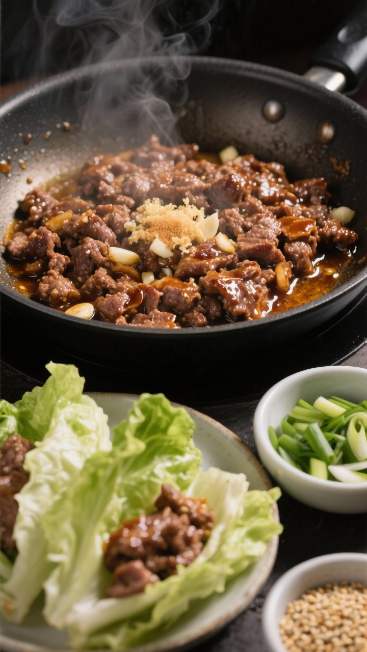Ingredient/cooking-process close-up at pan level for Korean-inspired beef bulgogi lettuce crunch wraps: ground beef sizzling in a skillet with neutral oil, minced garlic, grated ginger, soy sauce, and brown sugar forming a glossy, caramelized glaze. In the foreground, crisp butter lettuce leaves ready to be filled, with small bowls of thinly sliced scallions and sesame seeds. Steam rising, lacquered beef glistening, warm tones, shallow depth of field focusing on the sticky-sweet bulgogi texture.