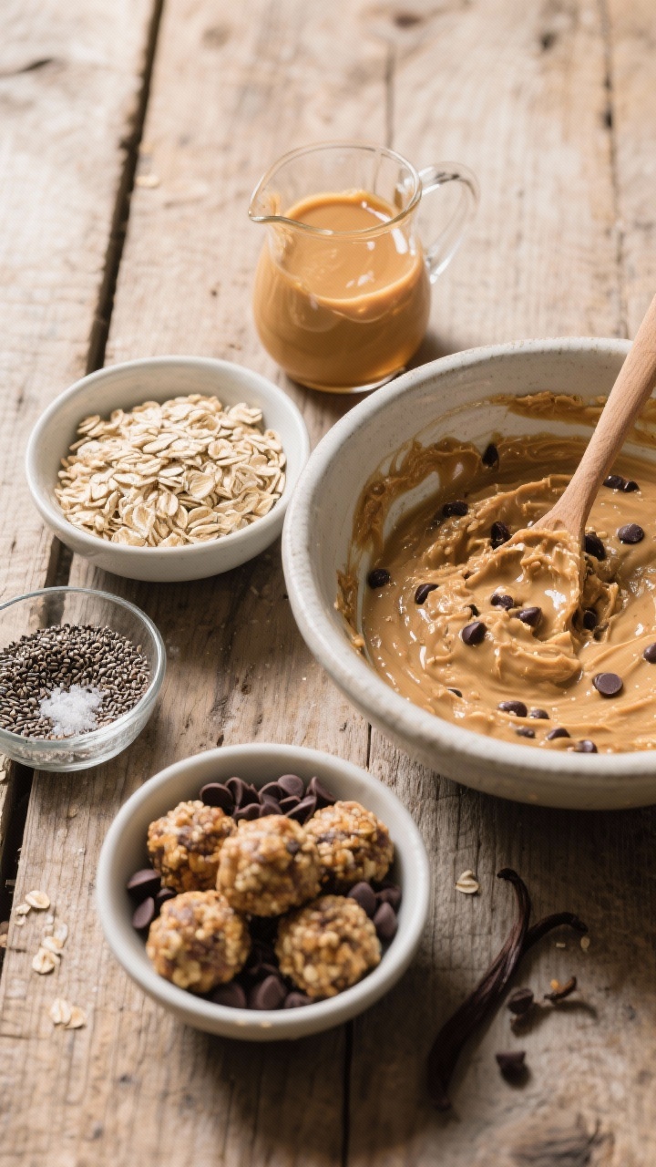 Ingredient-focused 45-degree prep shot for no-bake peanut butter oat bites: neat bowls of old-fashioned rolled oats, natural stirred peanut butter, honey (or maple syrup) glistening in a small pitcher, mini dark chocolate chips, ground flaxseed (or chia seeds), and a pinch of vanilla and sea salt; a mixing bowl with a wooden spoon and partially combined mixture showing sticky, studded texture; warm, cozy light on a rustic wooden surface, clean minimal styling.