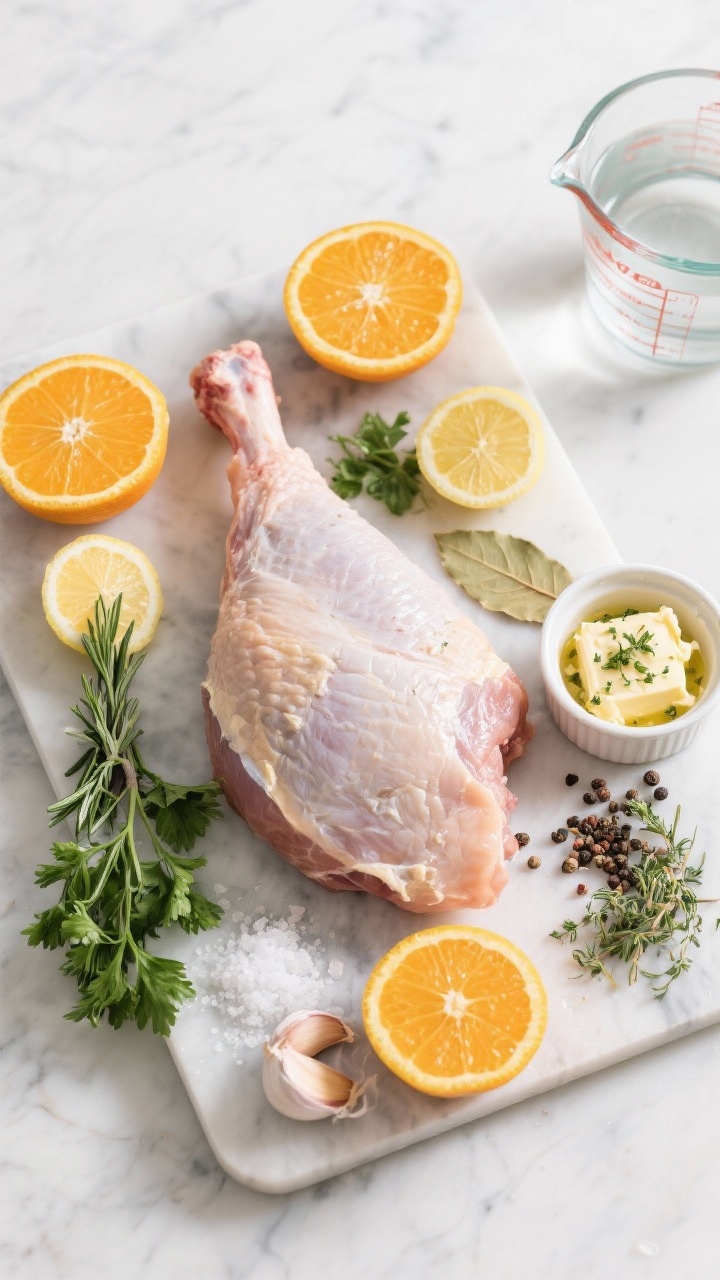 Ingredient-prep flat lay for citrus-brined roast turkey breast with garlic herb butter: a raw bone-in turkey breast on a board surrounded by halved citrus (oranges, lemons), fresh herbs (parsley, thyme, rosemary), smashed garlic cloves, coarse salt, peppercorns, and a ramekin of softened butter flecked with minced garlic and herbs; bay leaves and a measuring cup of water to suggest the brine; clean, bright overhead lighting on a light marble surface, minimalist, crisp composition ready for roasting.