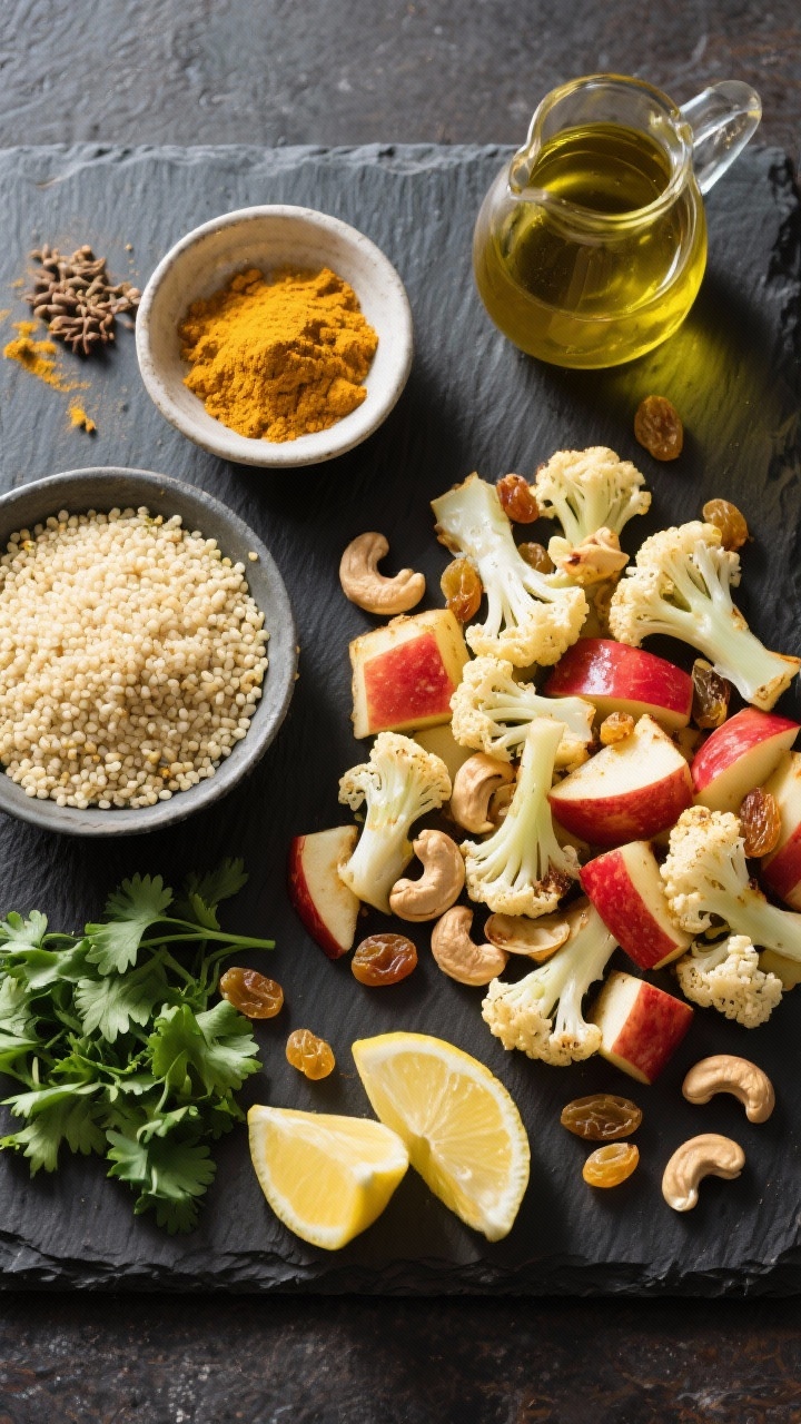 Ingredient prep overhead shot for Curried Couscous with roasted cauliflower, apples, and cashews: mise en place on a dark slate board—uncooked couscous, a small bowl of yellow curry powder, turmeric, and cumin; florets of cauliflower tossed with oil ready for roasting, diced crisp apples (red-skinned), toasted cashews, golden raisins, chopped cilantro, lemon wedges, and a small pitcher of olive oil. Bright, colorful contrasts, clean labels via arrangement only, crisp natural light emphasizing textures and curry’s golden hue.