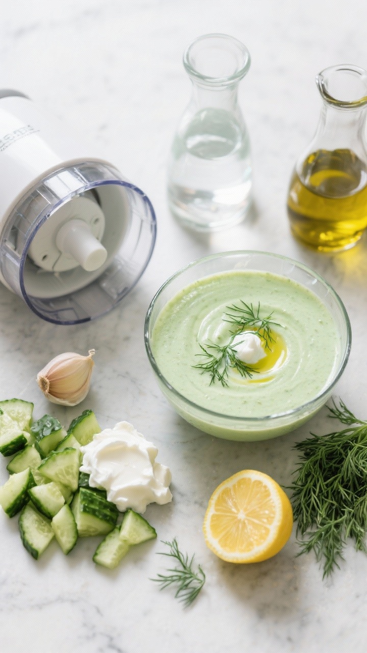 Ingredient-to-blender process shot for Chilled Cucumber, Yogurt, and Dill Soup: overhead flat lay showing roughly chopped cucumbers, a small garlic clove, full-fat Greek yogurt dollops, a carafe of cold water, extra-virgin olive oil, fresh dill, and a squeeze-ready lemon arranged around an open blender jar; a finished glass bowl of pale green, velvety soup garnished with dill fronds and a swirl of olive oil sits to the side; cool-toned styling on a pale stone surface, ultra-fresh, no-cook summertime feel.