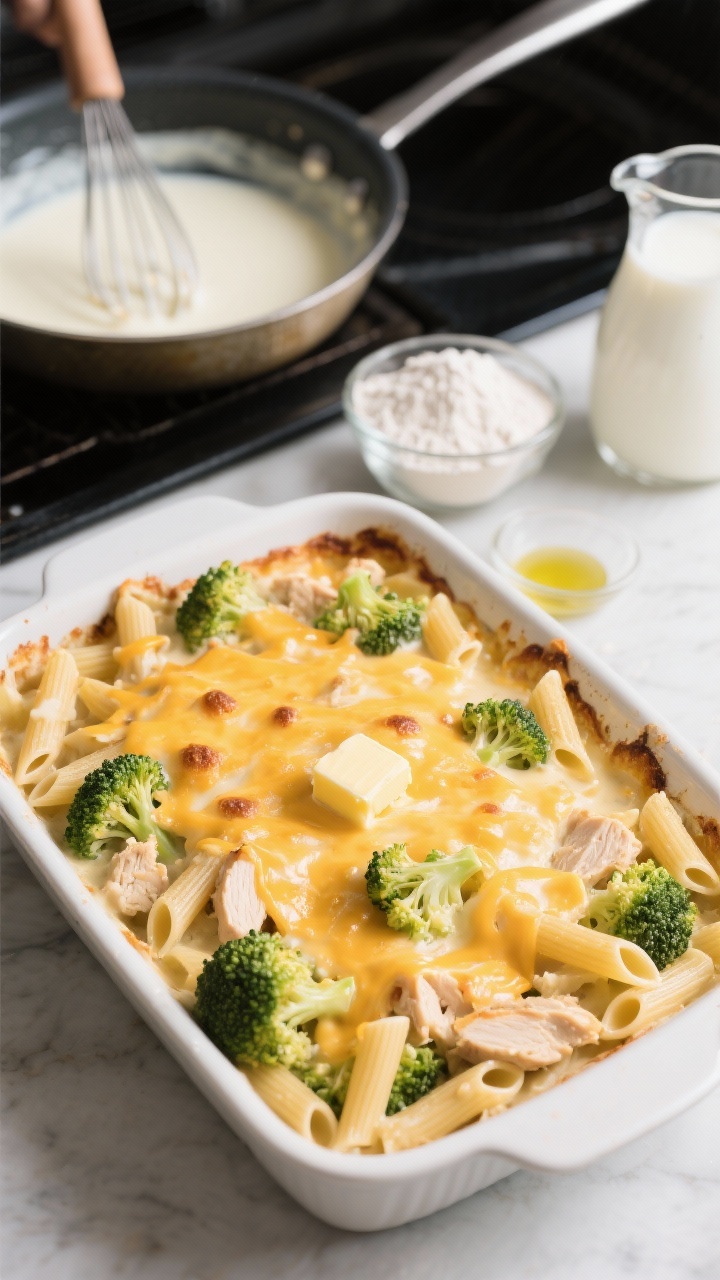 Ingredients-to-oven transition shot at 45 degrees for baked cheesy chicken broccoli pasta (freezer-friendly): a casserole dish filled with short pasta (penne/fusilli/shells), tender broccoli florets, chopped chicken folded into a creamy cheese sauce made from butter, olive oil, flour, milk, and low-sodium chicken broth; surface sprinkled with melted cheese and lightly browned spots. Include a saucepan in the background with the roux and milk being whisked, plus measured flour and a jug of milk to emphasize the creamy base. Clean, family-friendly vibe, appetizing golden top, no people.
