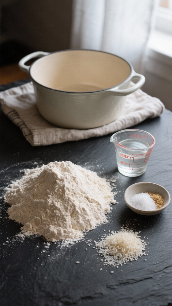 Minimalist overhead ingredient flat lay for No-Knead Artisan Bread: 3 cups bread flour in a mound, 1 1/2 teaspoons kosher salt sprinkled to the side, 1/2 teaspoon instant yeast in a tiny dish, 1 1/2 cups room-temp water in a clear measuring cup, and a dusting of rice flour/cornmeal; all on a dark slate surface with a linen towel and an empty enameled Dutch oven to hint the bake; soft natural window light, clean composition, high contrast for texture.