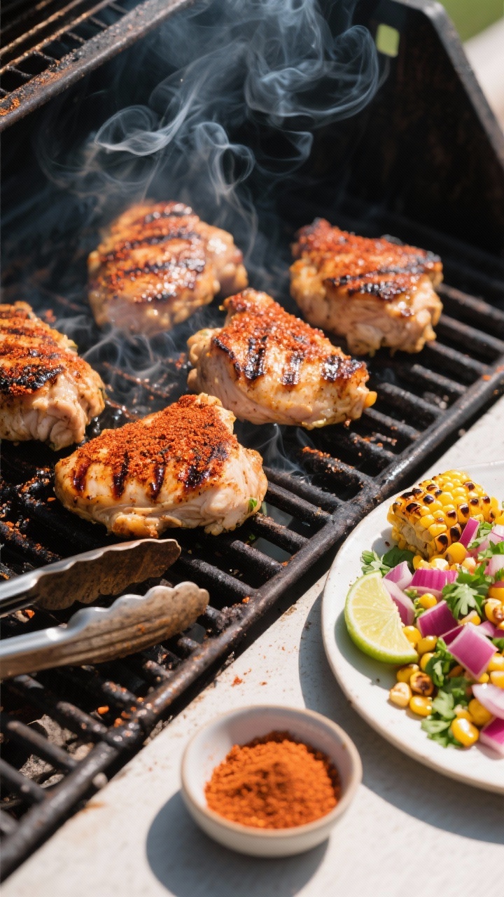 Outdoor grill action at a 45-degree angle: boneless, skinless chicken thighs with a smoky paprika rub (smoked paprika, sweet paprika, garlic powder, onion powder, ground cumin, chili powder, kosher salt) developing charred grill marks; adjacent platter holds a vibrant charred corn salad with blistered kernels, diced red onion, chopped cilantro, and lime wedges; wisps of smoke curling up; rich, contrasty sunlight, emphasizing spice-crusted surfaces; rustic tongs and a small bowl of the dry rub in frame; clean background, no people.