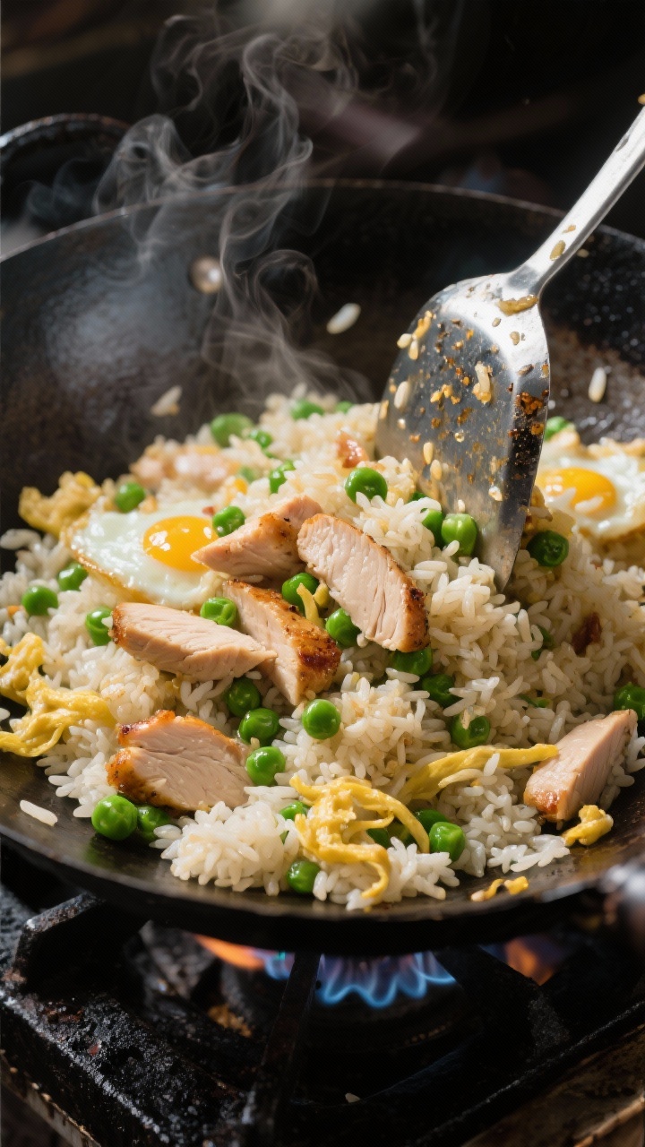 Overhead action shot of Better-Than-Takeout Chicken Fried Rice in a well-seasoned carbon-steel wok over high heat, showcasing smoky wok hei: day-old jasmine rice grains separated and glistening, diced chicken breast seared with light browning, frozen peas popped bright green, silky ribbons of lightly scrambled eggs, and a sheen of neutral oil; steam visible, tossed with a metal spatula, dark charred wok patina framing the scene; styled on a blackened stovetop for street-stall energy, sharp, appetizing contrast and crisp textures.