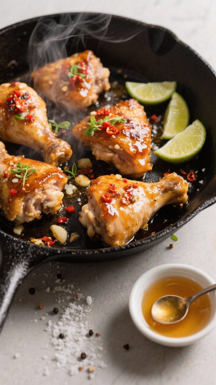 Overhead action shot of sticky honey-garlic chicken thighs sizzling in a black cast-iron skillet: bite-sized boneless skinless thighs lightly dusted with cornstarch, lacquered in a glossy honey-garlic glaze with visible minced garlic bits, finished with a chili-lime crunch garnish (red chili flakes, micro-zested lime, and lime wedges on the side). Oil sheen catching the light, a sprinkle of kosher salt and cracked black pepper visible on the meat, neutral backdrop with a small bowl of honey and a spoon drizzled nearby. Mood: bold, sticky, sweet-heat, high contrast, steam rising.