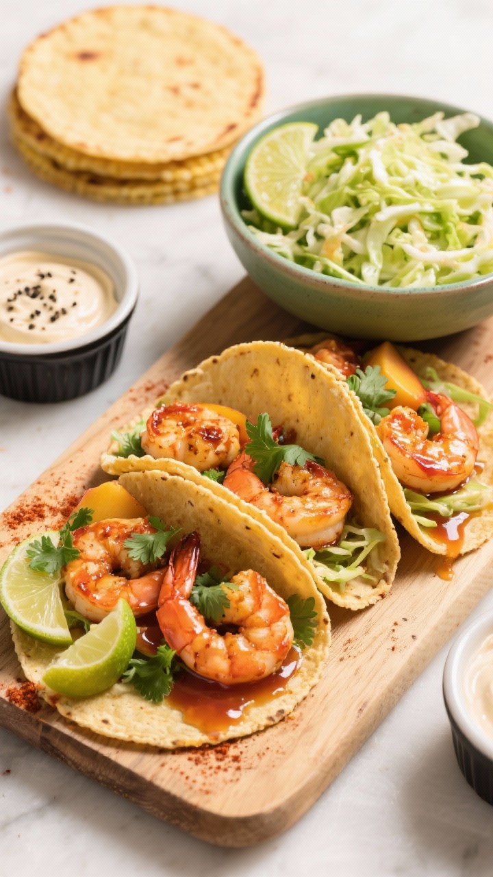 Overhead assembly scene for spicy peach glazed shrimp tacos with lime slaw: a board with warm small corn tortillas, glossy chili powder– and cumin–spiced shrimp lacquered in a peach glaze, a vibrant lime slaw in a bowl (fine-shredded cabbage with visible lime wedges), and ramekins of black pepper–flecked crema. Some tacos partially assembled to show layers. Fresh cilantro and extra peach glaze drips for shine. Bright, punchy colors, clean styling, no people.
