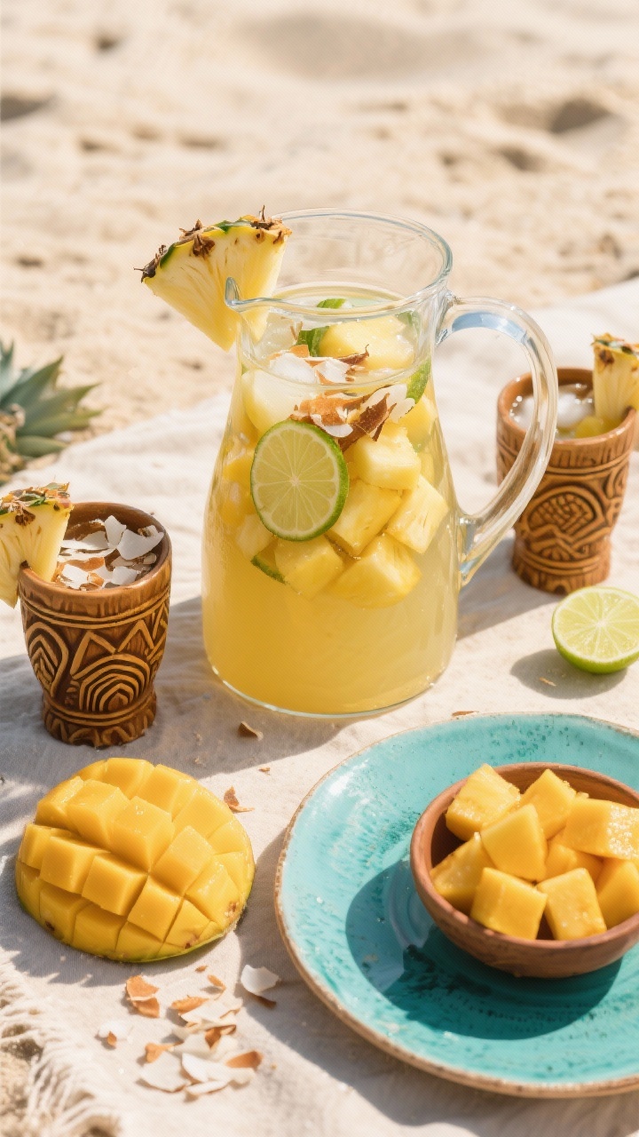 Overhead beachy presentation of Tropical Pineapple-Coconut Sangria: a wide glass pitcher filled with golden pineapple juice and dry white wine blend, coconut water for translucency, chunks of fresh pineapple, thin lime wheels, and toasted coconut flakes sprinkled nearby; tiki-style short glasses with pineapple wedges on rims; a small bowl of mango cubes as an accent; sunlit scene with sand-colored linen, turquoise ceramic plate, vibrant tropical vibes, sharp textures and juicy sheen.