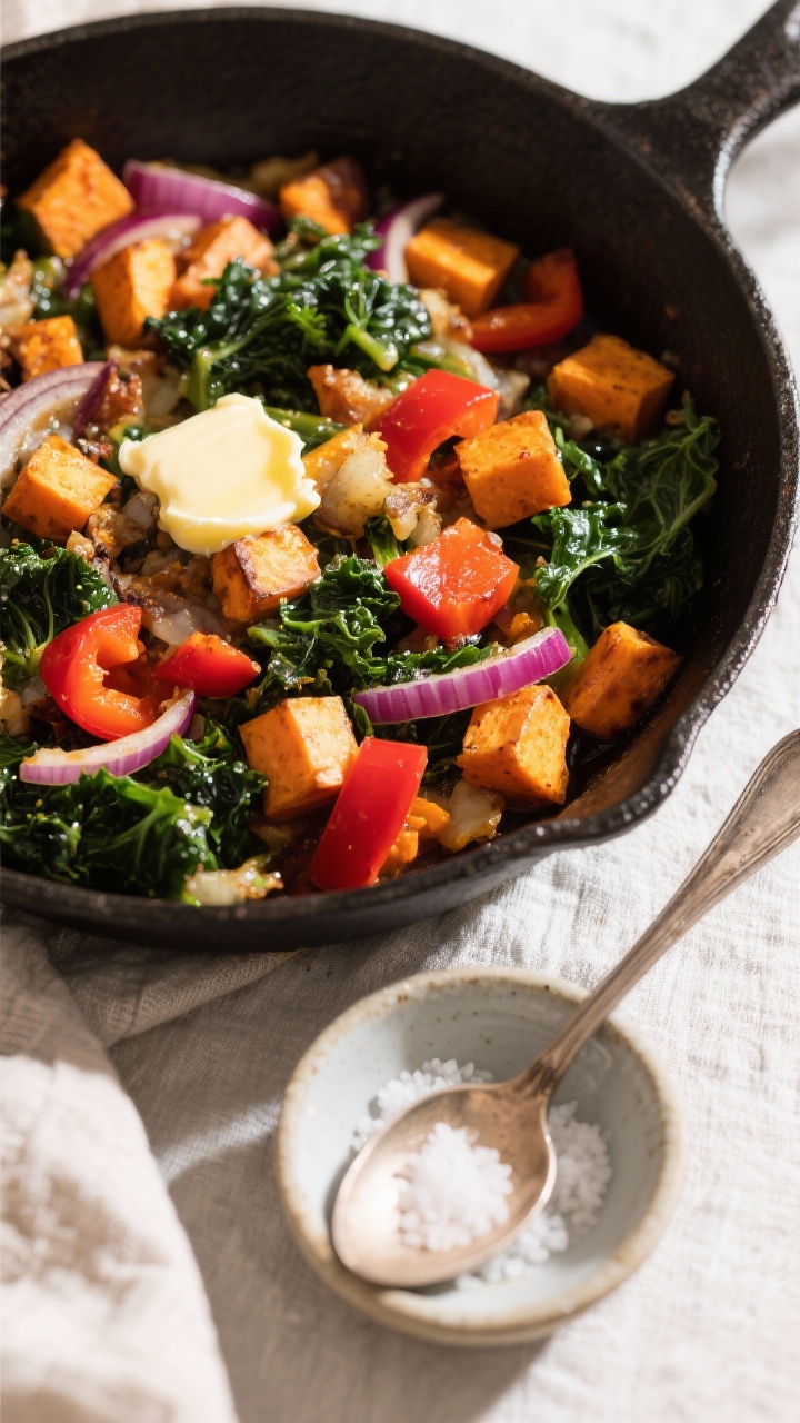 Overhead breakfast hash in a cast-iron skillet: kale, 1/2-inch cubes of golden-brown sweet potato, thinly sliced red onion softened and slightly caramelized, and diced red bell pepper, all sautéed in olive oil with a pat of melting butter visible at the rim for richness; vibrant oranges, reds, and deep greens; a small dish of flaky salt on the side and a rustic spoon resting on a linen; bright, inviting morning light.