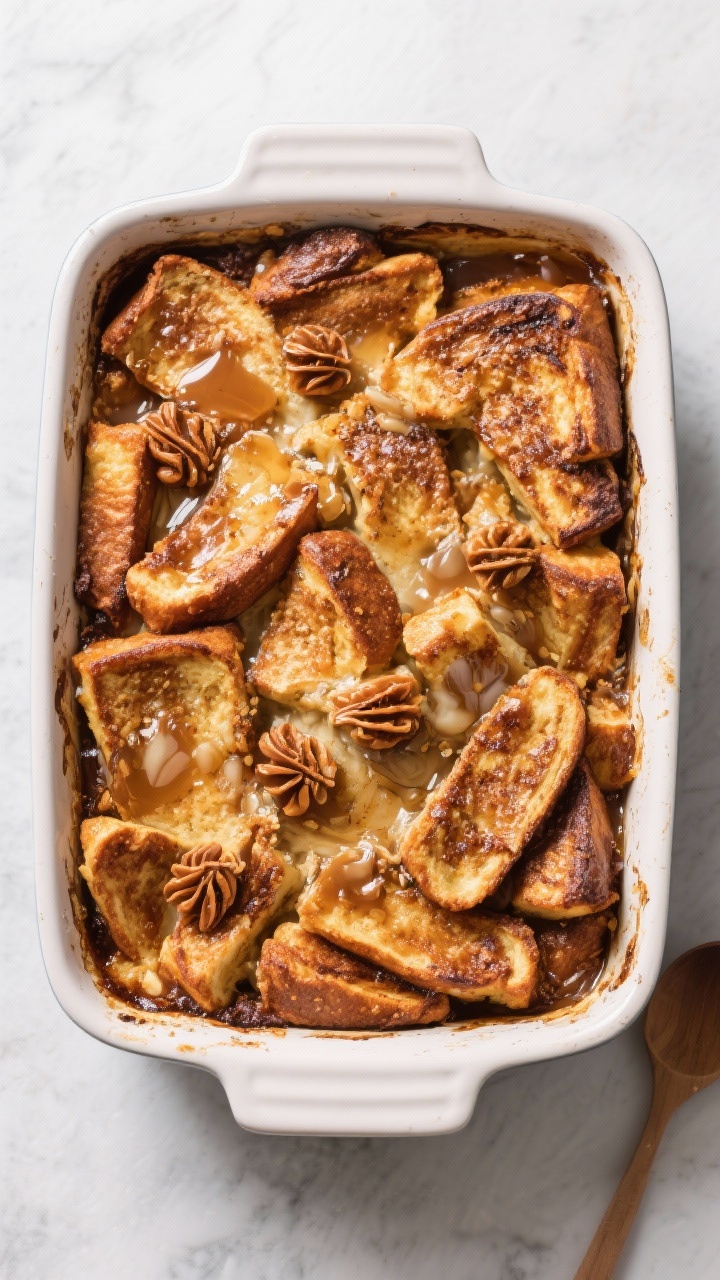 Overhead casserole comfort: a large baking dish of maple-bourbon French toast bake made from