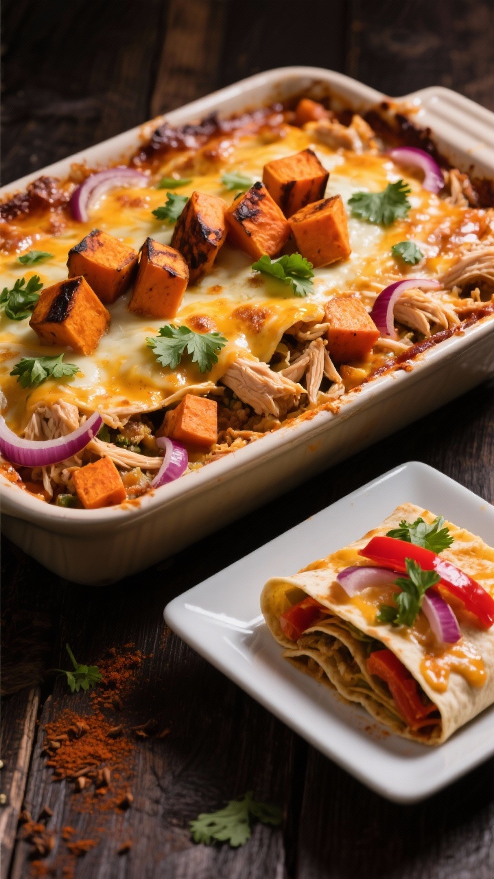 Overhead casserole pan of smoky chicken and sweet potato enchilada bake: bubbling cheese and saucy edges with layers of shredded chicken, small diced sweet potato, thinly sliced red onion, red bell pepper, cumin, and chili powder under a glossy enchilada sauce. Garnish with chopped cilantro and a few charred sweet potato cubes on top. Include a plated square serving to the side showing the interior layers. Warm, rustic styling on a dark wood table for a Southwestern mood.