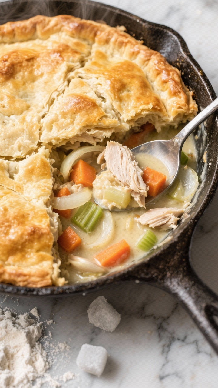 Overhead comfort-food skillet of cozy pantry chicken pot pie: a creamy filling of sautéed onion, diced carrots, celery, and garlic thickened with a butter-flour roux and low-sodium chicken broth, studded with flaked canned chicken; topped with a golden, rustic pie crust or biscuit-style topping with flaky layers; a spoon revealing the steaming, velvety interior; styled on a marble surface with scattered frozen veggie mix and a dusting of flour nearby to hint at the process, warm homey lighting.
