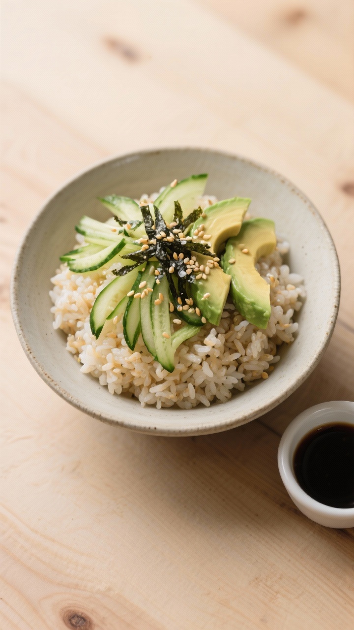 Overhead composed bowl shot of a Crunchy Cucumber, Avocado, and Sesame Rice Bowl: a mound of warm short-grain rice topped with thinly sliced/julienned cucumber, ripe avocado fanned, nori cut into fine strips scattered over, toasted sesame seeds sprinkled, and a light sheen of toasted sesame oil; include a small ramekin of soy sauce or tamari at the edge; neutral ceramic bowl on a light wood table for a modern Japanese-inspired vibe; sharp textures—fluffy rice, crisp cucumber, silky avocado—balanced, minimalist styling.