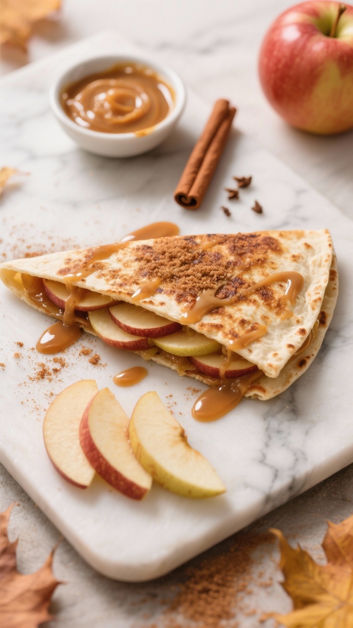 Overhead dessert scene: apple cinnamon quesadilla with thinly sliced apples tucked inside, the tortilla pan-seared in butter and dusted with brown sugar, cinnamon, nutmeg, and a pinch of salt; lavish salted caramel drizzle across the top with a few apple slices fanned beside; glossy highlights, warm autumn palette, set on a marble surface with a small bowl of caramel and a cinnamon stick for styling.