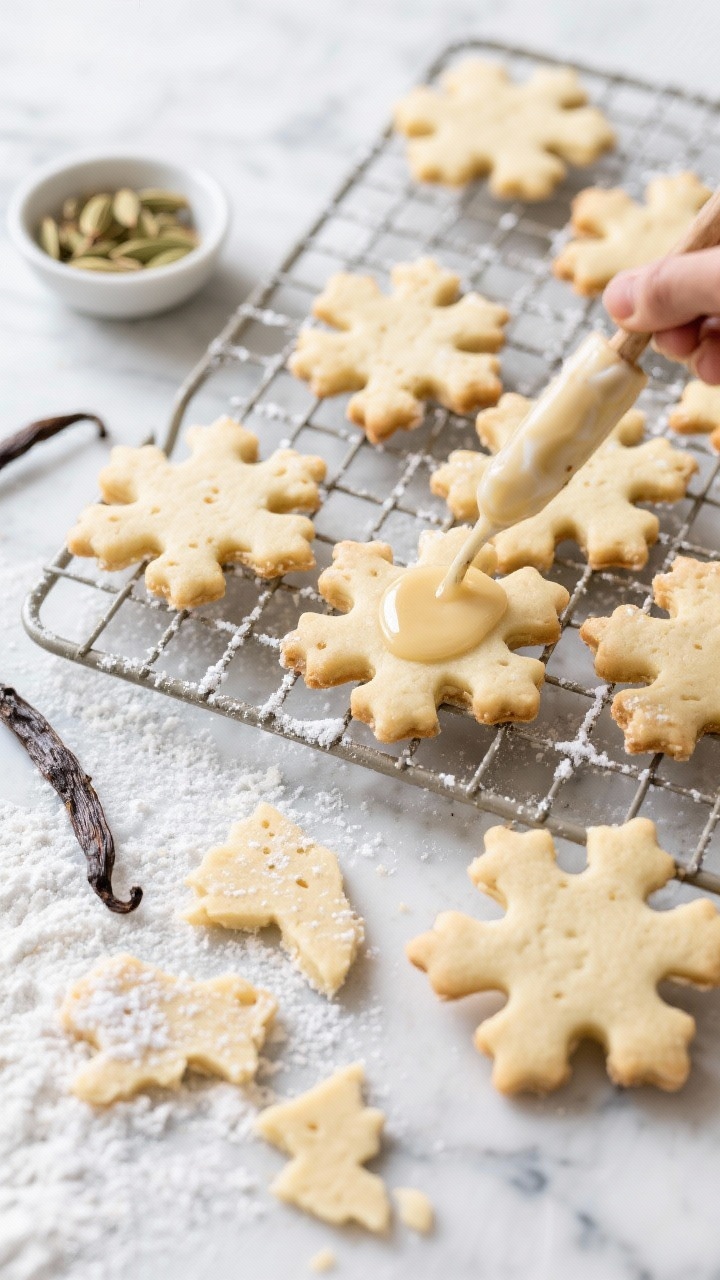 Overhead flat lay: Delicate cardamom shortbread snowflake cookies cooling on a wire rack, being brushed with a glossy vanilla bean glaze (visible vanilla specks). Pale golden shortbread, dusting of powdered sugar nearby, a small bowl of ground cardamom, a vanilla pod split open, and a tidy pile of cut-out dough scraps on a floured marble surface. Crisp edges, buttery crumb texture, wintry minimalist styling with cool light.