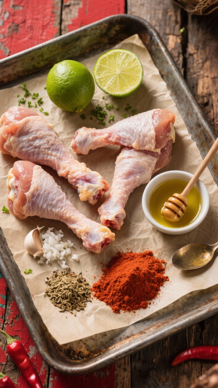 Overhead flat-lay ingredient shot for Chile-Lime Street Market Drumsticks: raw chicken drumsticks arranged on a parchment-lined sheet, with two limes (one zested, one halved with visible juice), a small bowl of olive oil, a drizzle of honey pooling in a spoon, finely grated garlic, mounds of chili powder, smoked paprika, and ground cumin. Vibrant, fiesta mood with bold reds and greens, rustic metal tray on a weathered wooden table, dramatic side light highlighting citrus zest and spice textures, no people.
