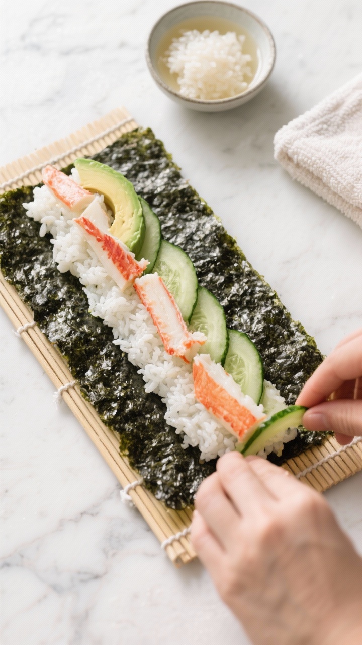 Overhead flat lay of a Classic California Roll being assembled: a bamboo makisu with a sheet of nori shiny-side down, an even layer of seasoned sushi rice, strips of imitation crab, ripe avocado, and crisp cucumber lined near the edge; a small bowl of rice vinegar mixture and a damp towel nearby; neutral light, clean white marble surface, minimalist Japanese styling, vibrant greens and creamy whites contrasting the dark nori.