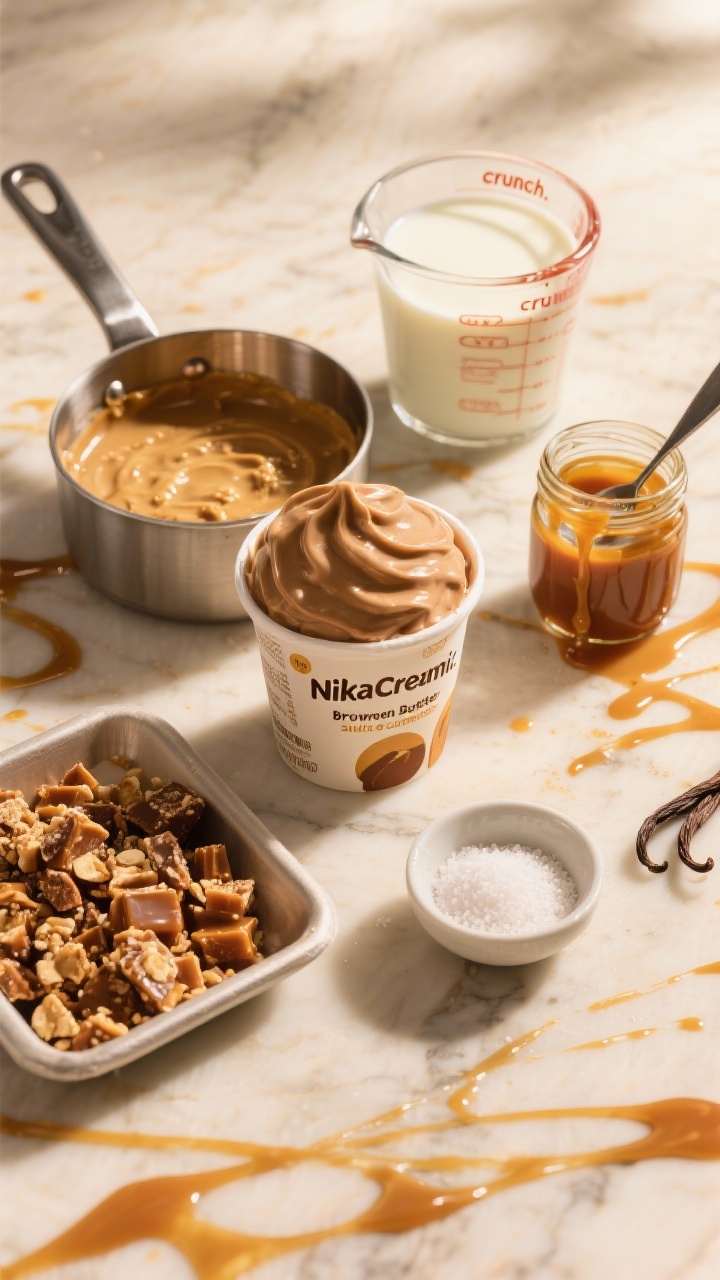 Overhead flat lay of a Ninja Creami pint being filled for Brown Butter Salted Caramel Crunch: a small saucepan of foamy brown butter with toasted milk solids, a measuring cup of whole milk, heavy cream, caramel sauce in a jar with a spoon drip, granulated sugar, vanilla extract, and a pinch bowl of fine salt. Include a shallow tray of crunchy mix-ins (salted toffee bits or crushed caramel brittle) to hint at the “crunch.” Style on a warm-toned marble with caramel ribbons splattered on parchment, golden-brown hues, high contrast, soft window light, no people.