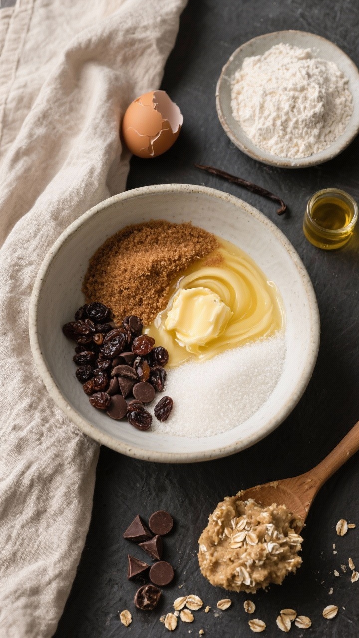 Overhead flat lay of a one-bowl oatmeal cookie prep scene, showcasing a large mixing bowl with melted butter swirled into brown sugar and granulated sugar, a cracked egg on the side, vanilla extract, measured all-purpose flour, and a split pile of add-ins: plump raisins on one side and chocolate chips on the other; include a wooden spoon half-coated with the chewy oat-studded dough; neutral linen, dark slate surface, natural diffused light, tidy but rustic mise en place.
