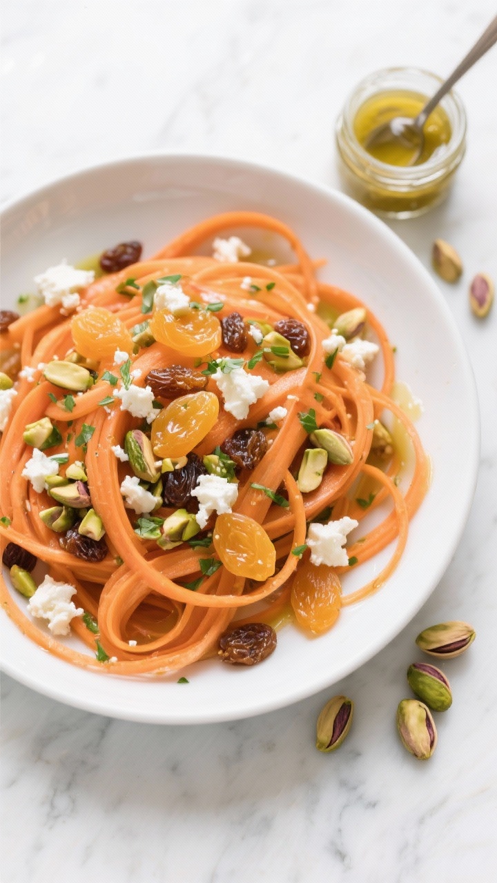 Overhead flat lay of a shaved carrot ribbon salad in a wide white bowl: long curls of large carrots tossed with crumbled feta, roughly chopped pistachios, and golden raisins/diced dried apricots; flecks of chopped herbs in a glossy herby vinaigrette clinging to the ribbons; color contrast of orange, emerald green, ivory feta, and gold; scattered extra pistachios and a small jar of vinaigrette with a spoon on a light marble surface for a bright, fresh vibe.