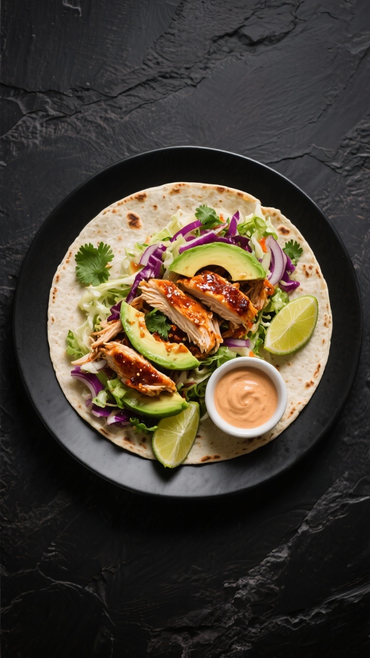 Overhead flat lay of a sliced smoky chipotle chicken and avocado wrap on a matte black plate: juicy shredded chicken tossed in chipotle sauce with visible smoky glaze, ripe avocado slices, shredded cabbage/coleslaw mix for crunch, thinly sliced red onion, fresh chopped cilantro, and warm toasted flour tortillas. Garnish with lime wedges and a small ramekin of chipotle crema; vibrant greens and purples pop against a dark slate surface. Emphasize creamy avocado vs. crisp cabbage textures, high-contrast, appetizing, no people.