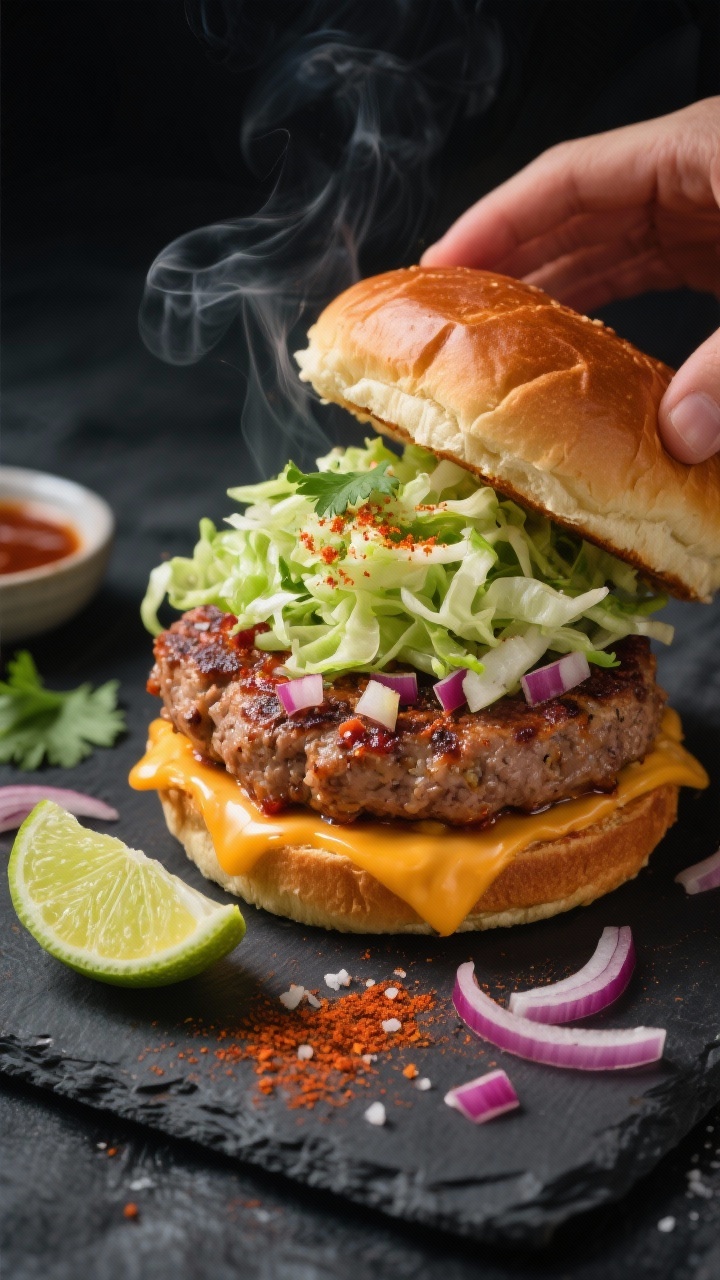 Overhead flat lay of a smoky chipotle cheddar turkey burger stack being assembled: toasted brioche bun, juicy turkey patty flecked with minced red onion, garlic, adobo sauce and a finely chopped chipotle, dusted with smoked paprika and coarse salt; melted sharp cheddar cascading down the sides; bright lime slaw piled on top with finely shredded cabbage, lime zest and juice, and a sprinkle of cilantro; lime wedges, a small bowl of adobo sauce, and sliced red onion scattered on a matte charcoal surface, moody light, slight steam from the patty, vibrant orange-red chipotle tones against cool green slaw.