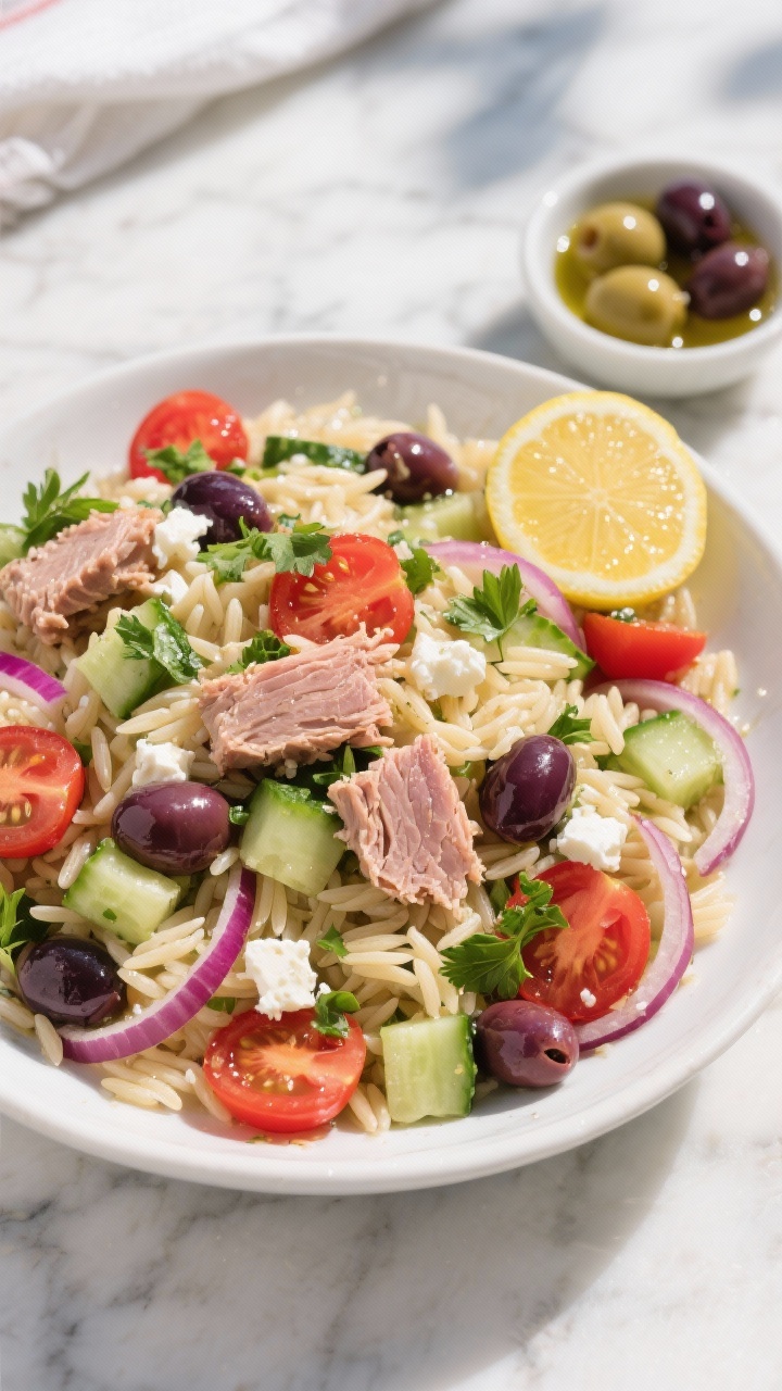 Overhead flat lay of a vibrant Mediterranean tuna orzo salad in a wide white ceramic bowl: tender orzo folded with tuna in olive oil flakes, halved cherry tomatoes, diced cucumber, thin red onion slivers, Kalamata olive halves, crumbled feta, and chopped parsley, glistening with a lemon-olive oil vinaigrette; bright, sunlit picnic vibe on a marble surface with a lemon wedge, small bowl of olives, and a drizzle of extra-virgin olive oil; crisp textures, saturated reds, greens, and inky purple olives, professional styling, no people.