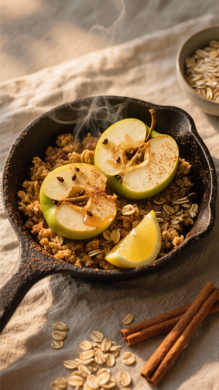 Overhead flat lay of baked cinnamon apples: halved Honeycrisp/Granny Smith apples nestled in a cast-iron skillet, cradling a crunchy oat crumble that’s golden and toasty. Visible cinnamon and nutmeg dusting, maple syrup lightly drizzled, and vanilla seeds speckled. Include a lemon wedge (freshly squeezed) off to the side, a small bowl of rolled oats, and a cinnamon stick for context. Steam subtly rising, rustic linen, warm golden-hour light to emphasize caramelization and coziness, no people.