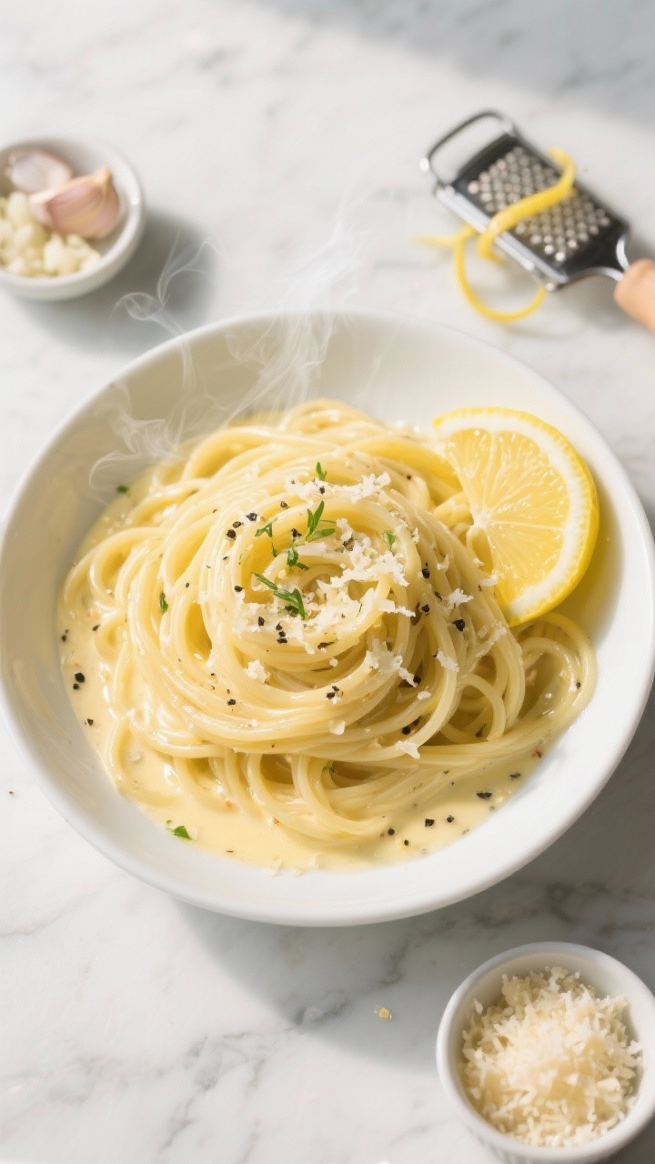Overhead flat lay of Creamy Lemon Garlic Spaghetti: twirled spaghetti glistening with butter and extra-virgin olive oil, silky lemon-parmesan sauce clinging to strands, visible flecks of lemon zest and micro-grated parmesan shower, cracked black pepper, and a glossy lemon wedge on the rim; props include a small bowl of finely minced garlic, a zester with fresh zest curls, and a ramekin of grated parmesan; plated in a wide white ceramic bowl on a light marble surface with a soft afternoon glow, steam gently rising, bright yellow and creamy off-white tones, crisp and clean styling, no people.