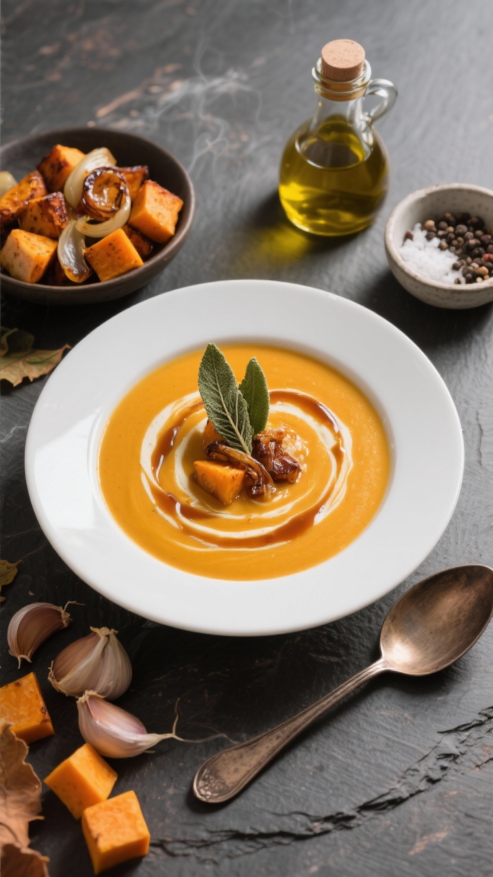 Overhead flat lay of creamy roasted butternut squash soup being finished with a brown-butter sage drizzle: velvety golden-orange soup in a wide white bowl, swirls of nutty brown butter, crisped sage leaves on top, roasted cubed butternut squash, caramelized onion, and whole roasted garlic cloves visible in a side dish; olive oil bottle, kosher salt pinch bowl, cracked black pepper, and a rustic spoon on a slate surface; warm autumnal lighting emphasizing silky texture and steam.